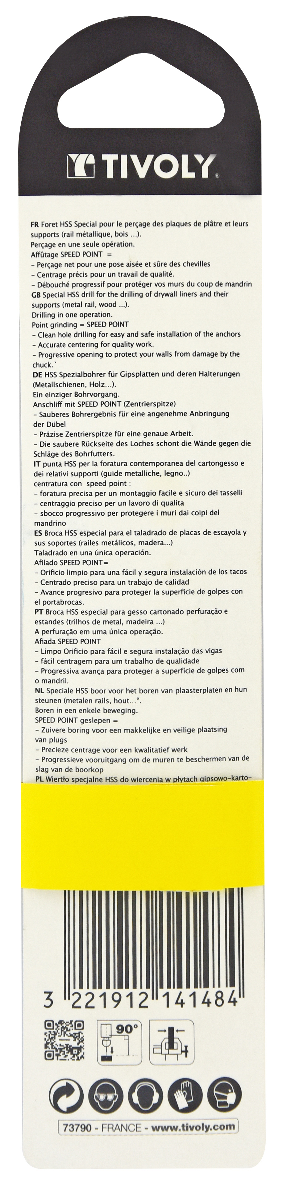 Foret HSS spécial perçage plaque de plâtre et leurs supports -Queue hexagonale / L: 117 Ø: 8 TIVOLY - 12001020800