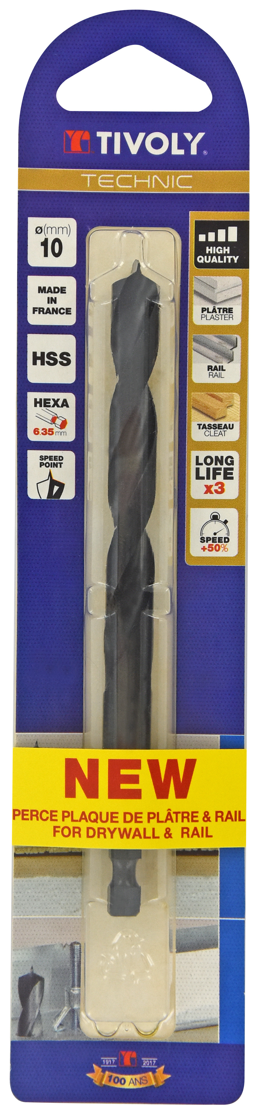 Foret HSS spécial perçage plaque de plâtre et leurs supports -Queue hexagonale / L: 125 Ø: 10 TIVOLY - 12001021000