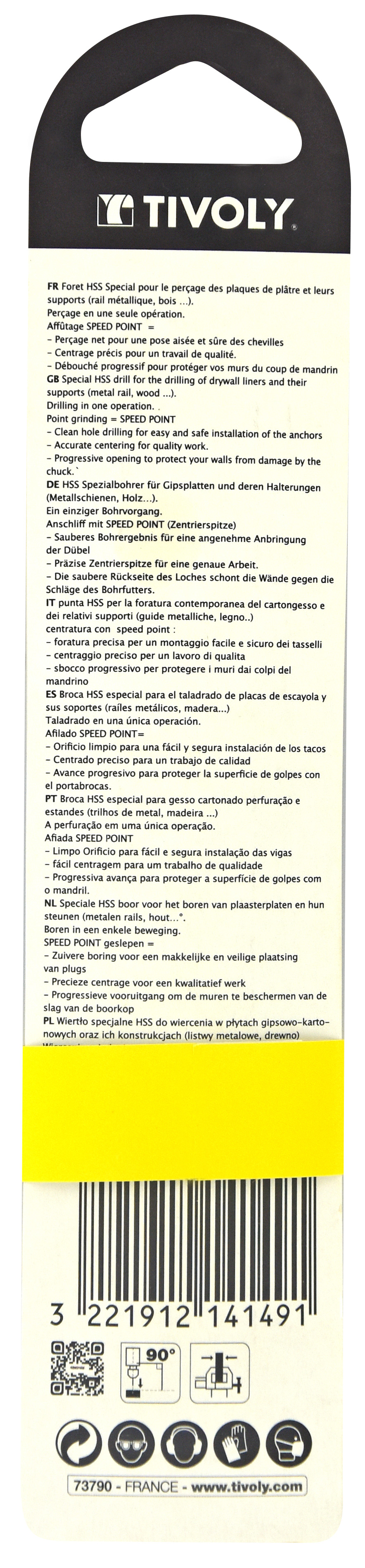 Foret HSS spécial perçage plaque de plâtre et leurs supports -Queue hexagonale / L: 125 Ø: 10 TIVOLY - 12001021000