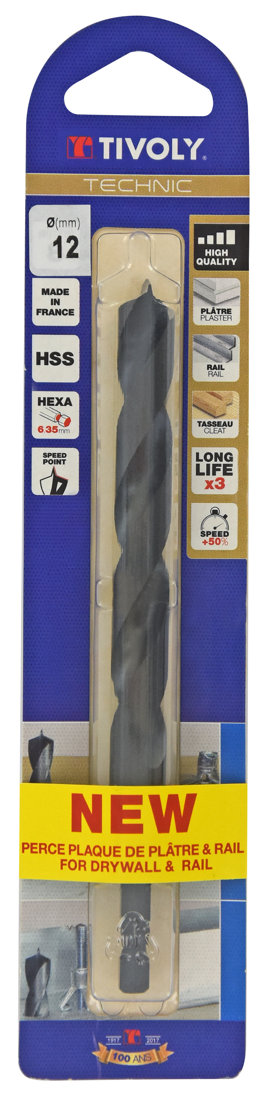 Foret HSS spécial perçage plaque de plâtre et leurs supports -Queue hexagonale / L: 133 Ø: 12 TIVOLY - 12001021200