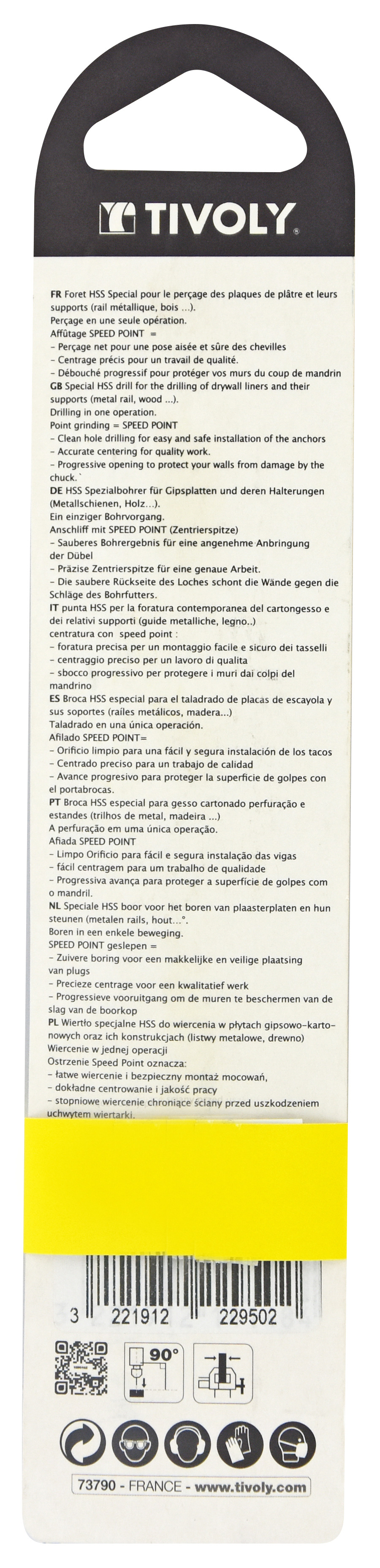 Foret HSS spécial perçage plaque de plâtre et leurs supports -Queue hexagonale / L: 133 Ø: 12 TIVOLY - 12001021200