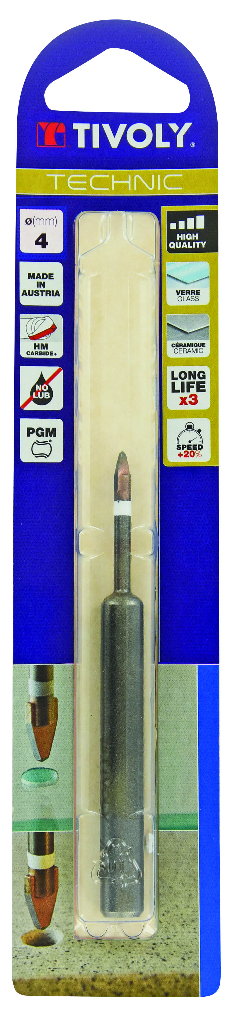 Foret verres -Plaquette carbure High Quality -Queue hexagonale renforcée / L: 105 Ø: 4 TIVOLY - 12001120400