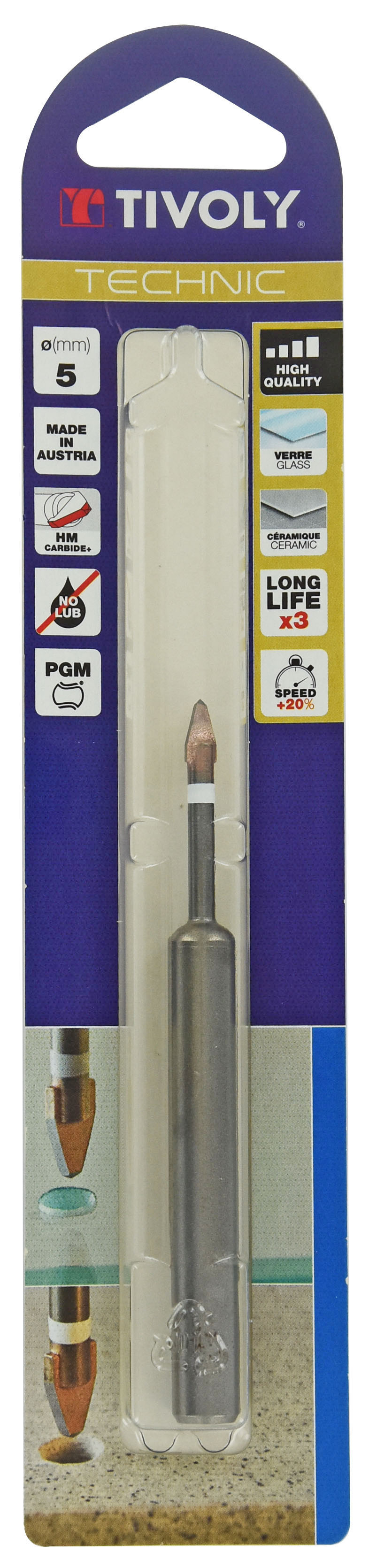 Foret verres -Plaquette carbure High Quality -Queue hexagonale renforcée / L: 105 Ø: 5 TIVOLY - 12001120500