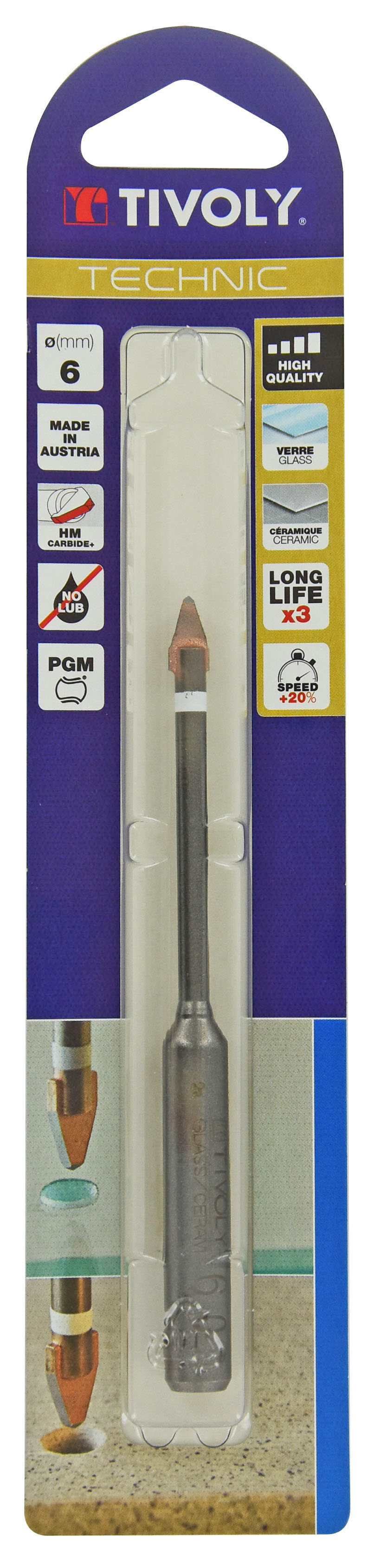 Foret verres -Plaquette carbure High Quality -Queue hexagonale renforcée / L: 115 Ø: 6 TIVOLY - 12001120600