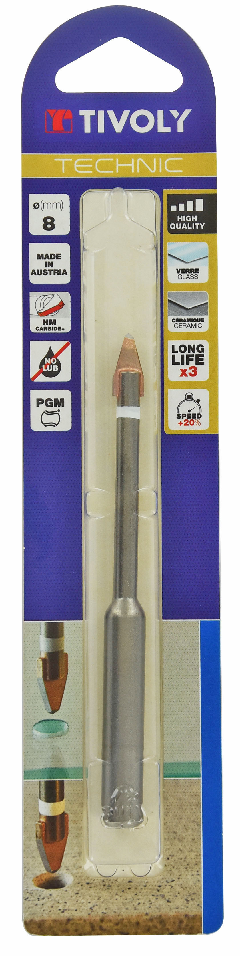 Foret verres -Plaquette carbure High Quality -Queue hexagonale renforcée / L: 120 Ø: 8 TIVOLY - 12001120800