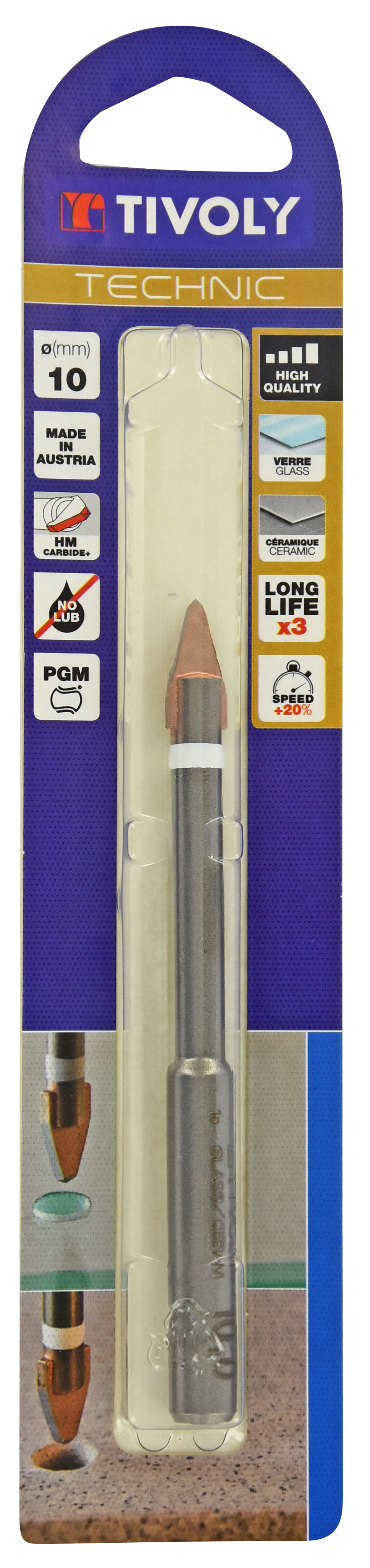 Foret verres -Plaquette carbure High Quality -Queue hexagonale renforcée / L: 120 Ø: 10 TIVOLY - 12001121000