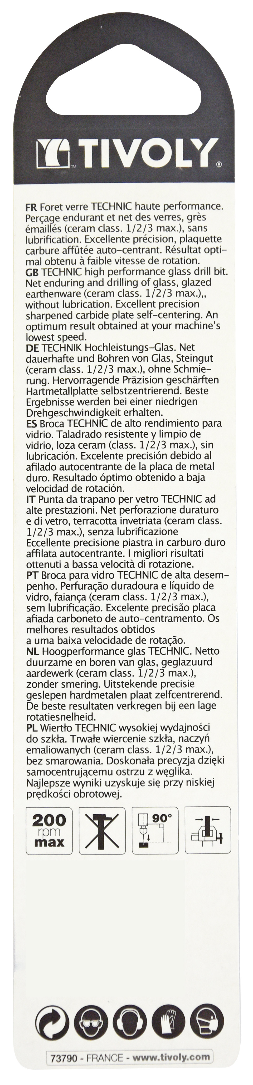 Foret verres -Plaquette carbure High Quality -Queue hexagonale renforcée / L: 120 Ø: 10 TIVOLY - 12001121000