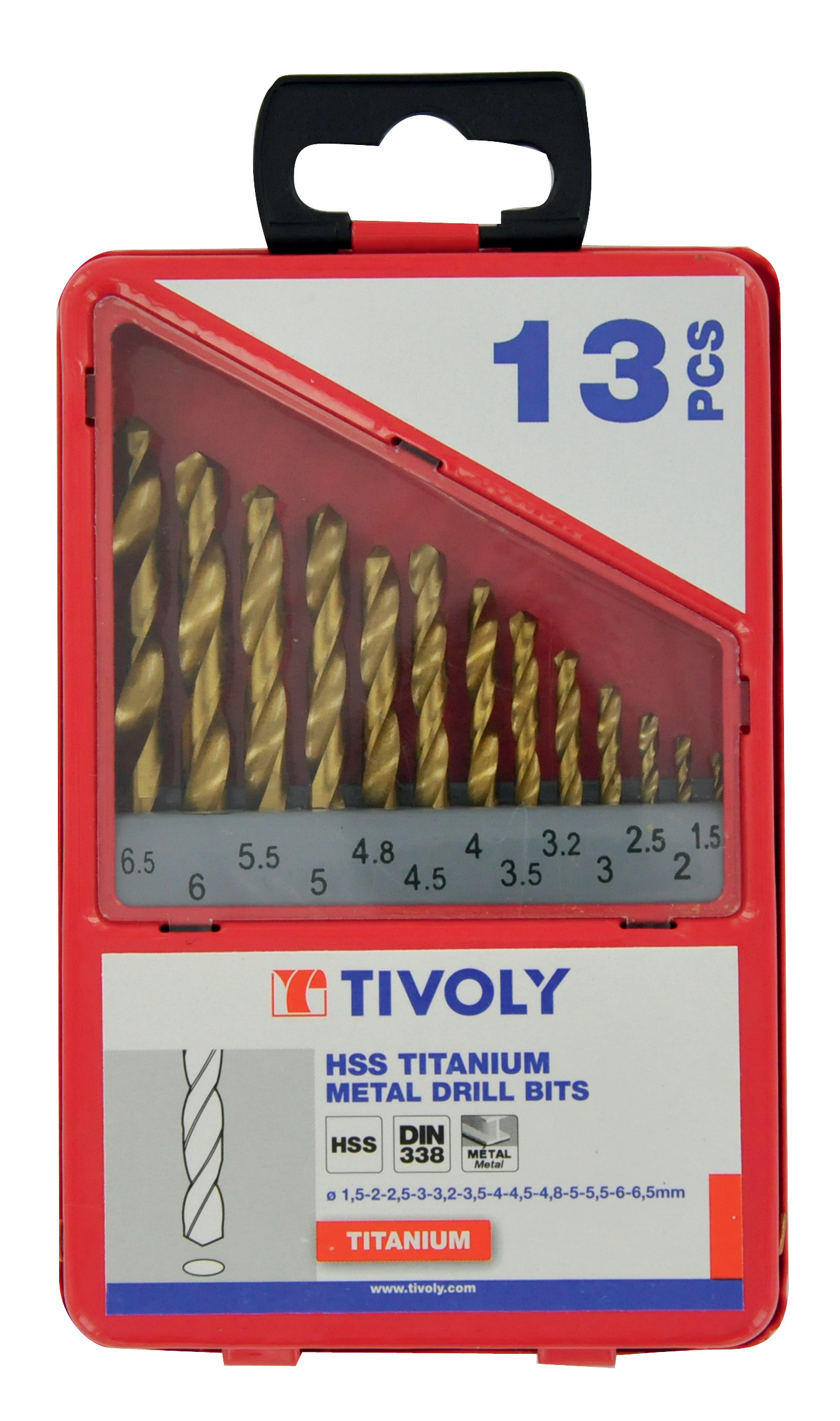 13 forets métaux HSS laminés revêtus TiN Ø 1,5 à 6,5mm par 1/2 TIVOLY - 50200170005