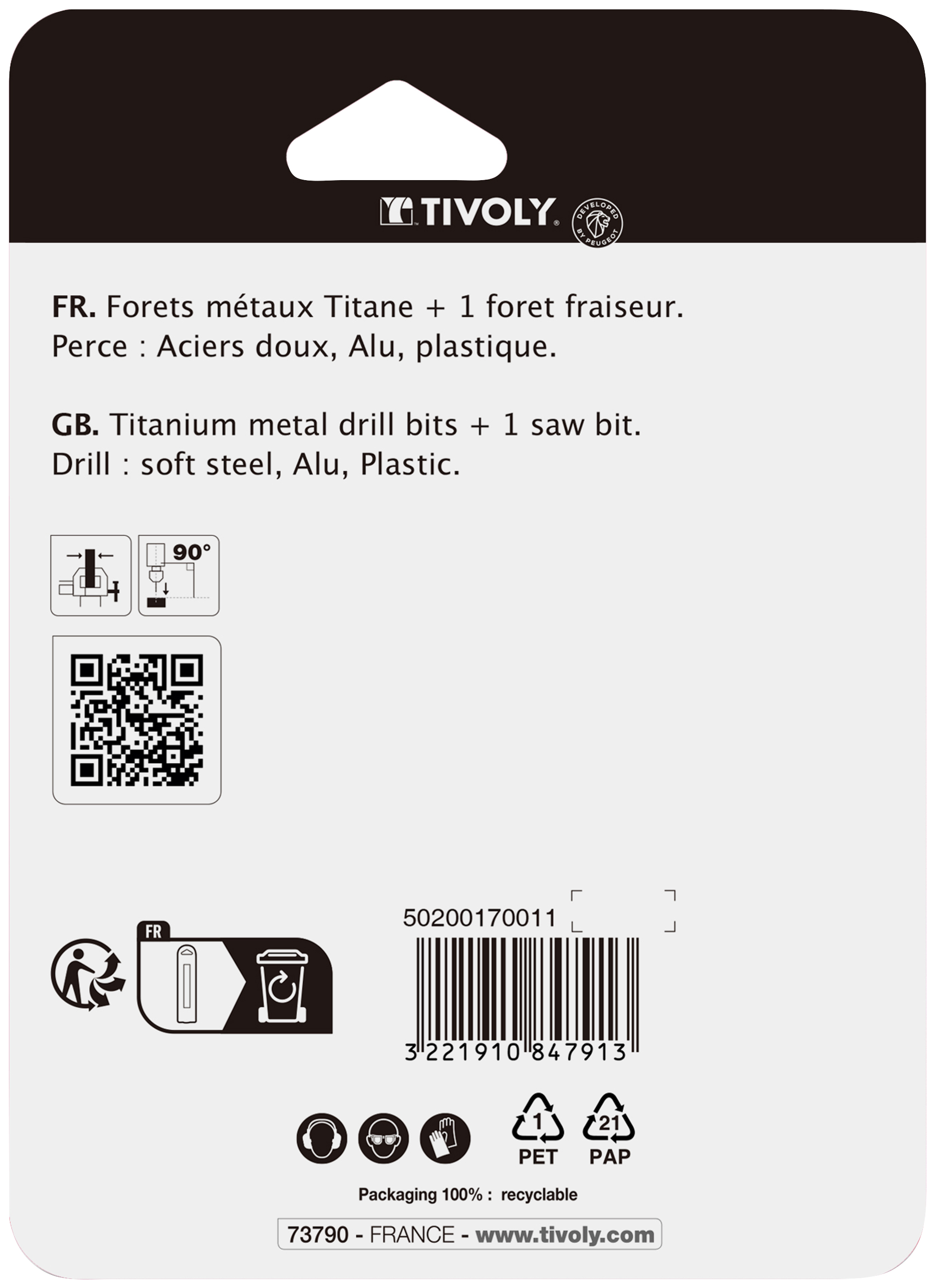 15 pièces -14 forets métaux laminés revêtus TiN Ø 1,5 à 6,5mm par 1/2 + 1 foret fraiseur TIVOLY - 50200170011