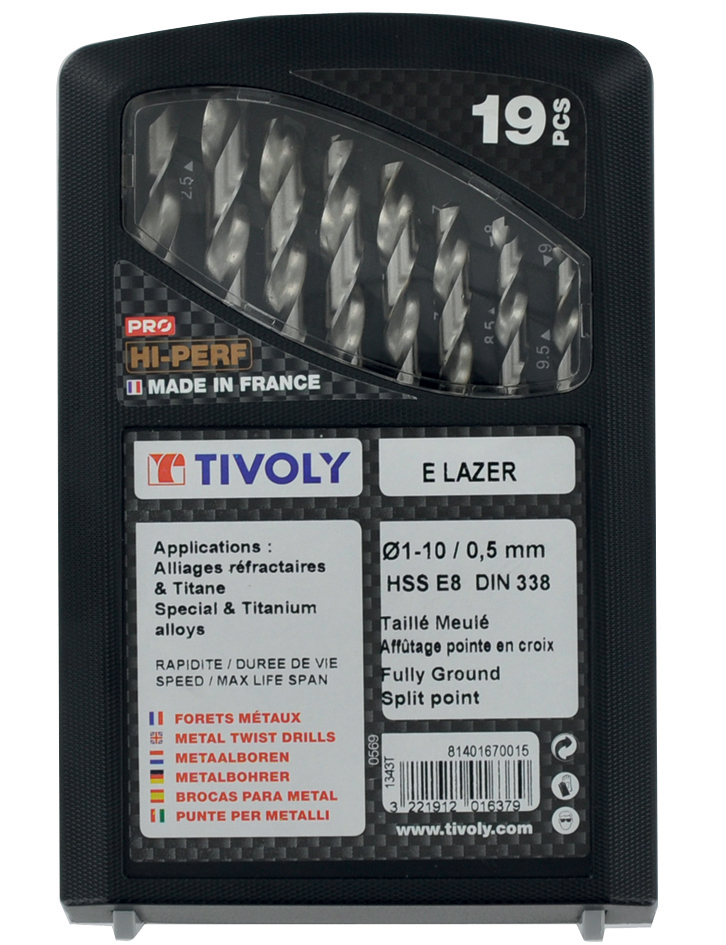 19 forets métaux LAZER HSSE8% cobalt Ø 1 à 10 mm par 1/2 PREMIUM TIVOLY - 81401670015