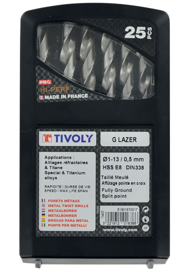 25 forets métaux LAZER HSSE8% cobalt Ø 1 à 13 mm par 1/2 PREMIUM TIVOLY - 81401670017