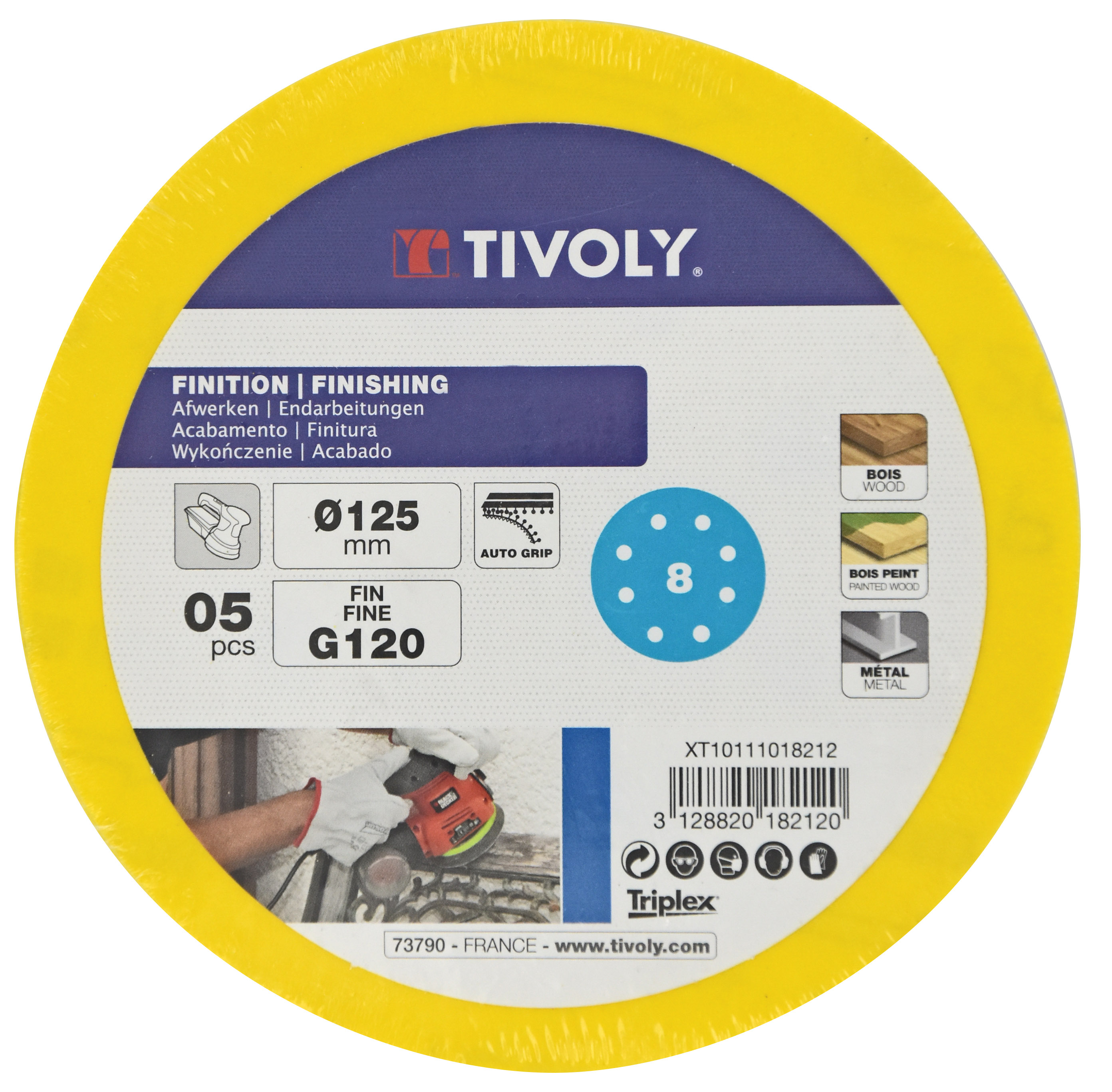 Disque-AUTO AGRIPPANT -Ø125mm -Perforation 8 trous -Pour ponceuse excentrique / Dim Ø125 / Gr : 80 TIVOLY - XT10111018213