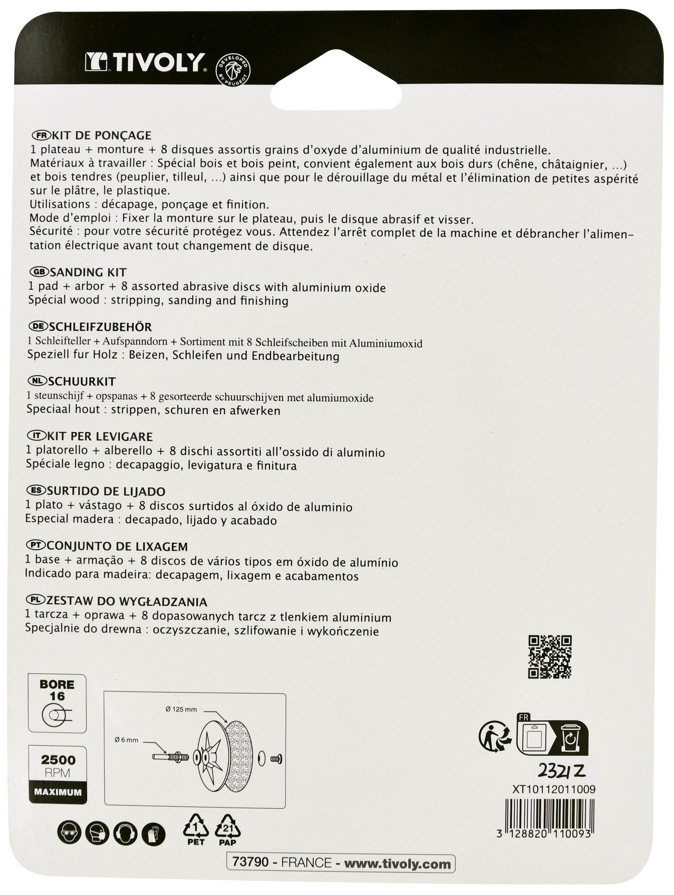 10 pièces -1 plateau ponceur Ø 125mm + Monture + 8 abrasifs TIVOLY - XT10112011009