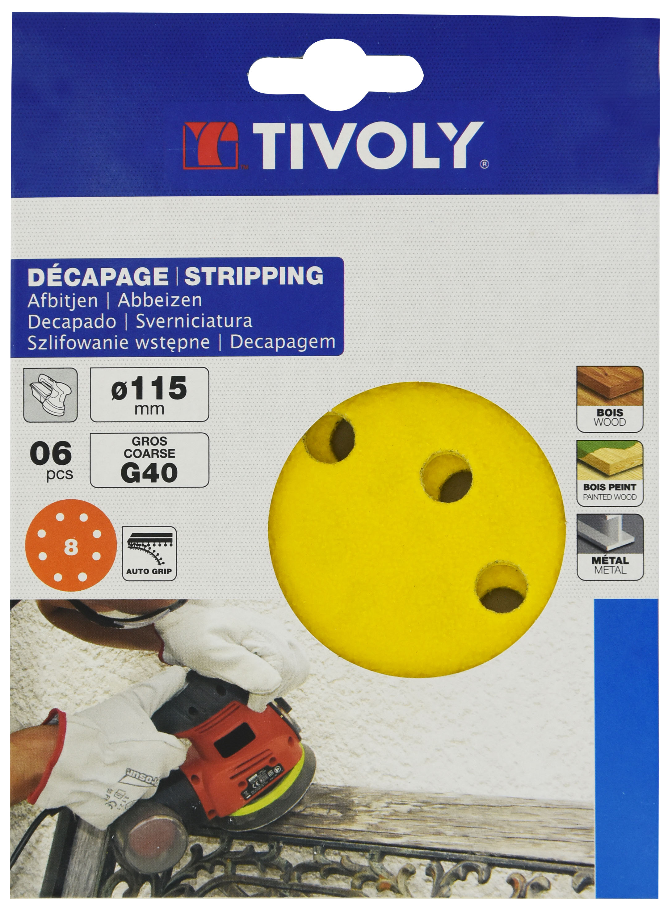 Disque AUTO-AGRIPPANT -Ø115mm -Perforation 8 trous -Pour ponceuse excentrique / Dim Ø115 / Gr : 180 TIVOLY - XT10112011203