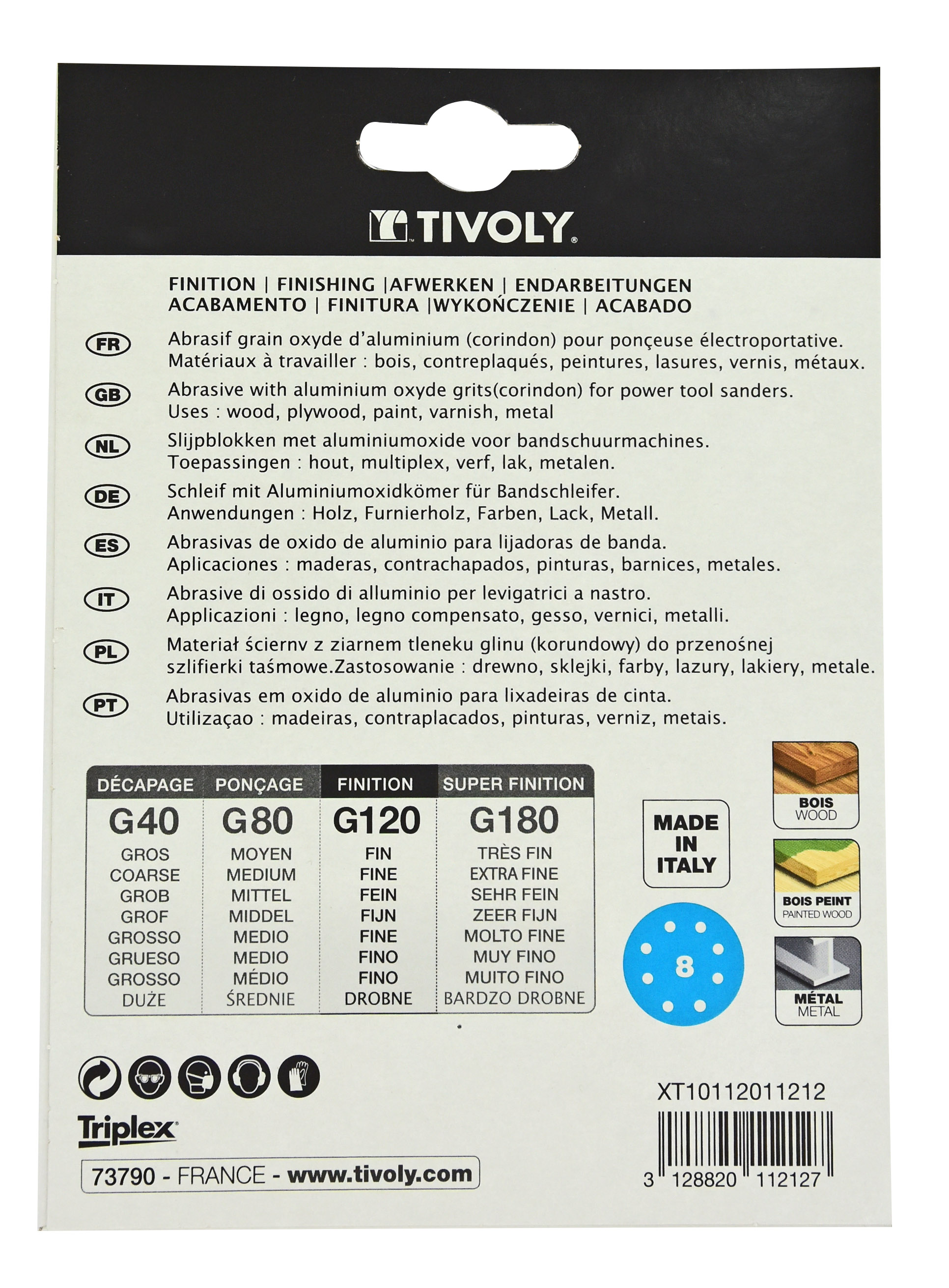 Disque AUTO-AGRIPPANT -Ø125mm -Perforation 8 trous -Pour ponceuse excentrique / Dim Ø125 / Gr : 80 TIVOLY - XT10112011211