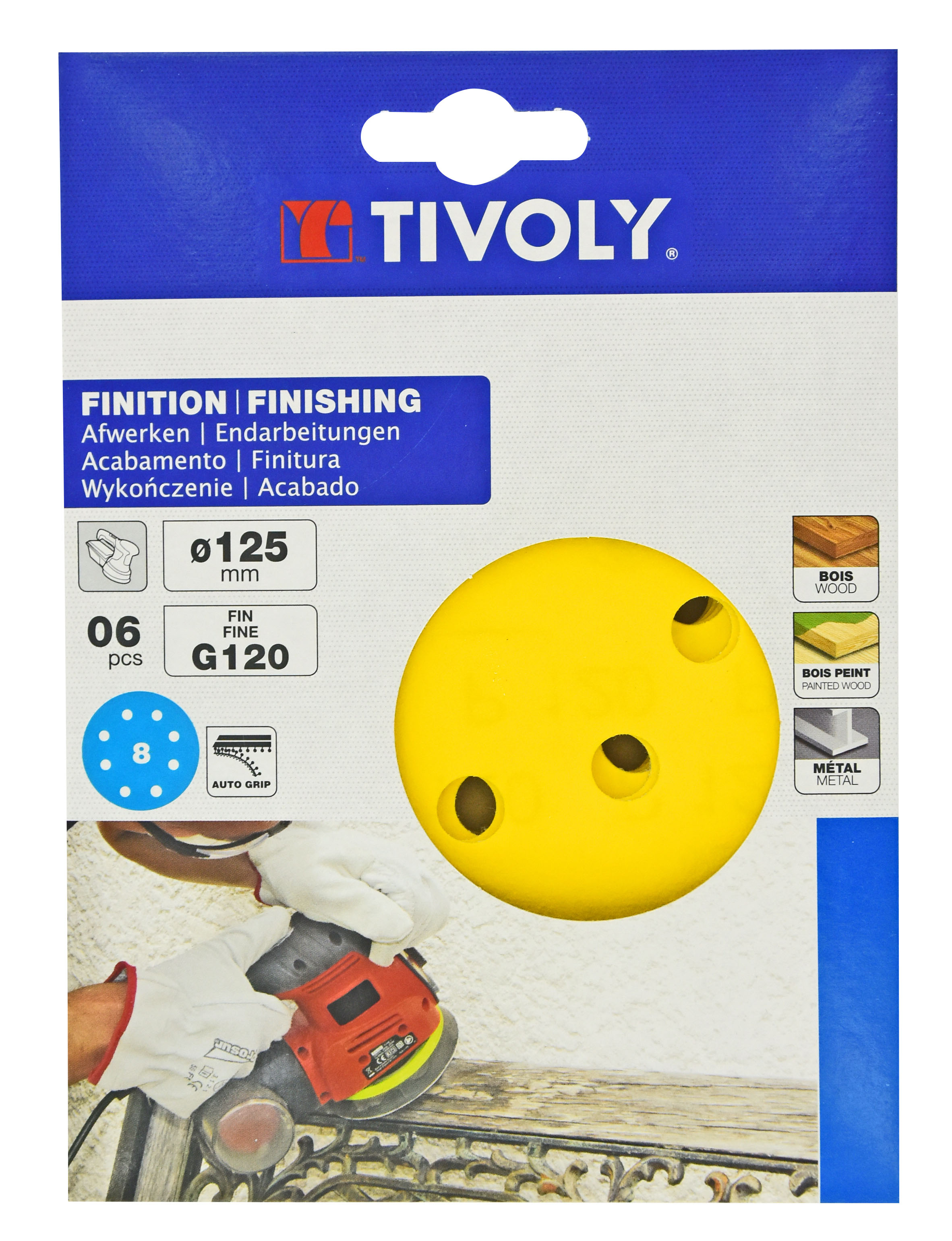 Disque AUTO-AGRIPPANT -Ø125mm -Perforation 8 trous -Pour ponceuse excentrique / Dim Ø125 / Gr : 120 TIVOLY - XT10112011212