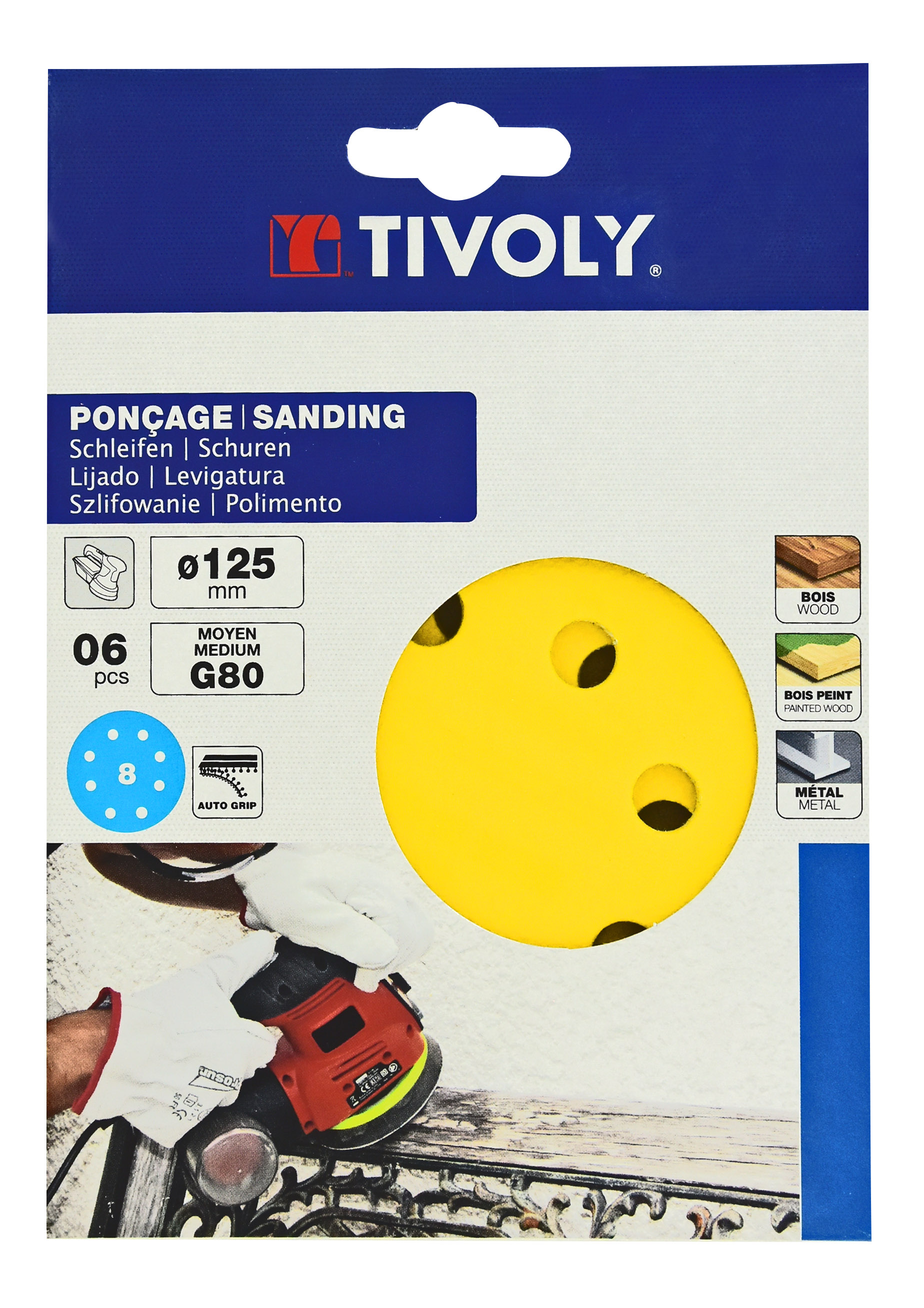 Disque AUTO-AGRIPPANT -Ø125mm -Perforation 8 trous -Pour ponceuse excentrique / Dim Ø125 / Gr : 180 TIVOLY - XT10112011213