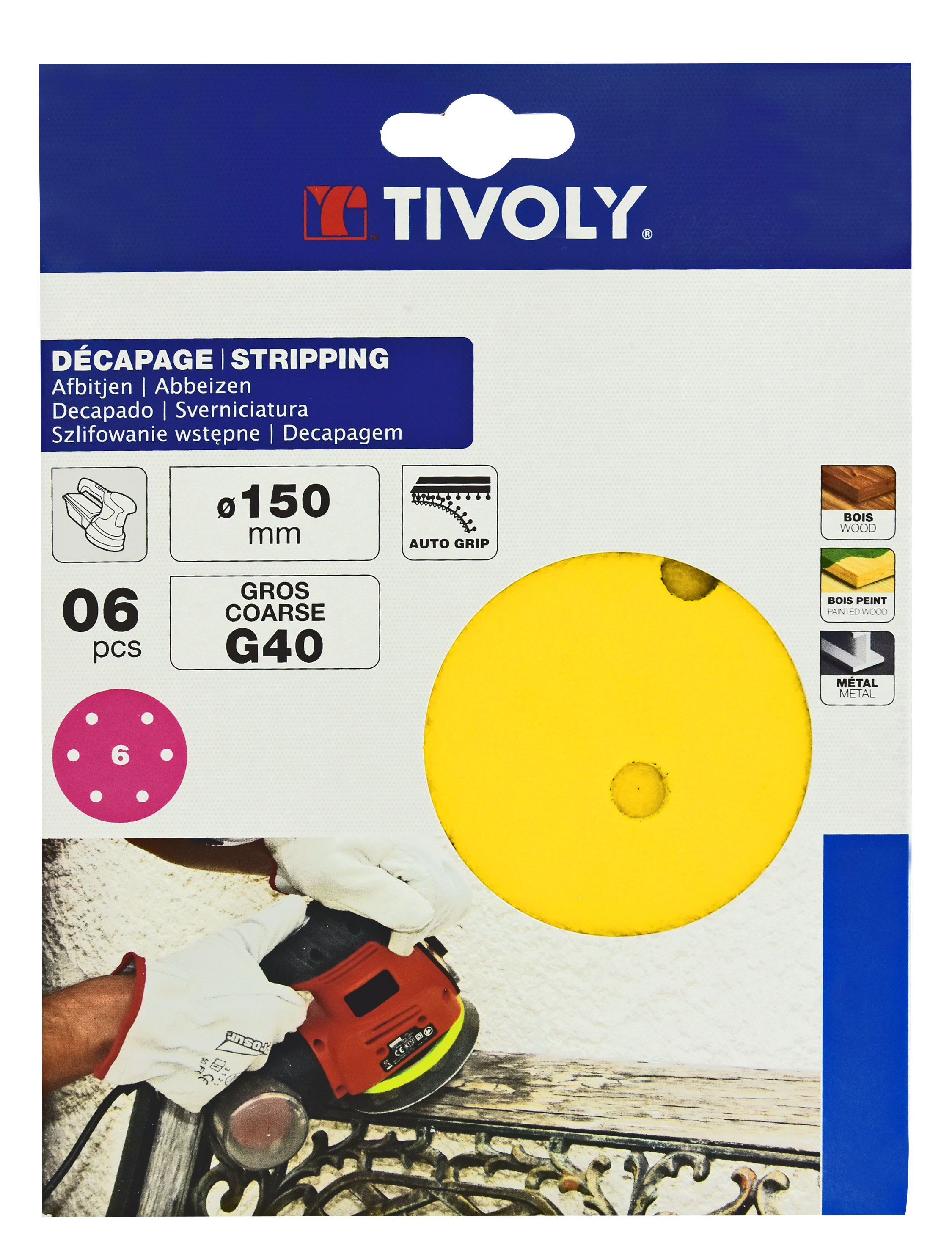 Disque AUTO-AGRIPPANT -Ø150mm -Perforation 6 trous -Pour ponceuse excentrique / Dim Ø150 / Gr : 40 TIVOLY - XT10112011220