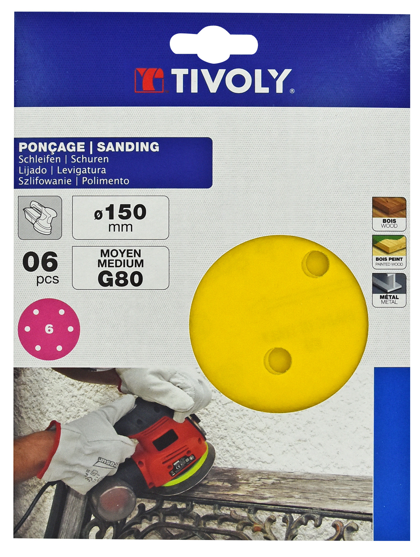 Disque AUTO-AGRIPPANT -Ø150mm -Perforation 6 trous -Pour ponceuse excentrique / Dim Ø150 / Gr : 80 TIVOLY - XT10112011221
