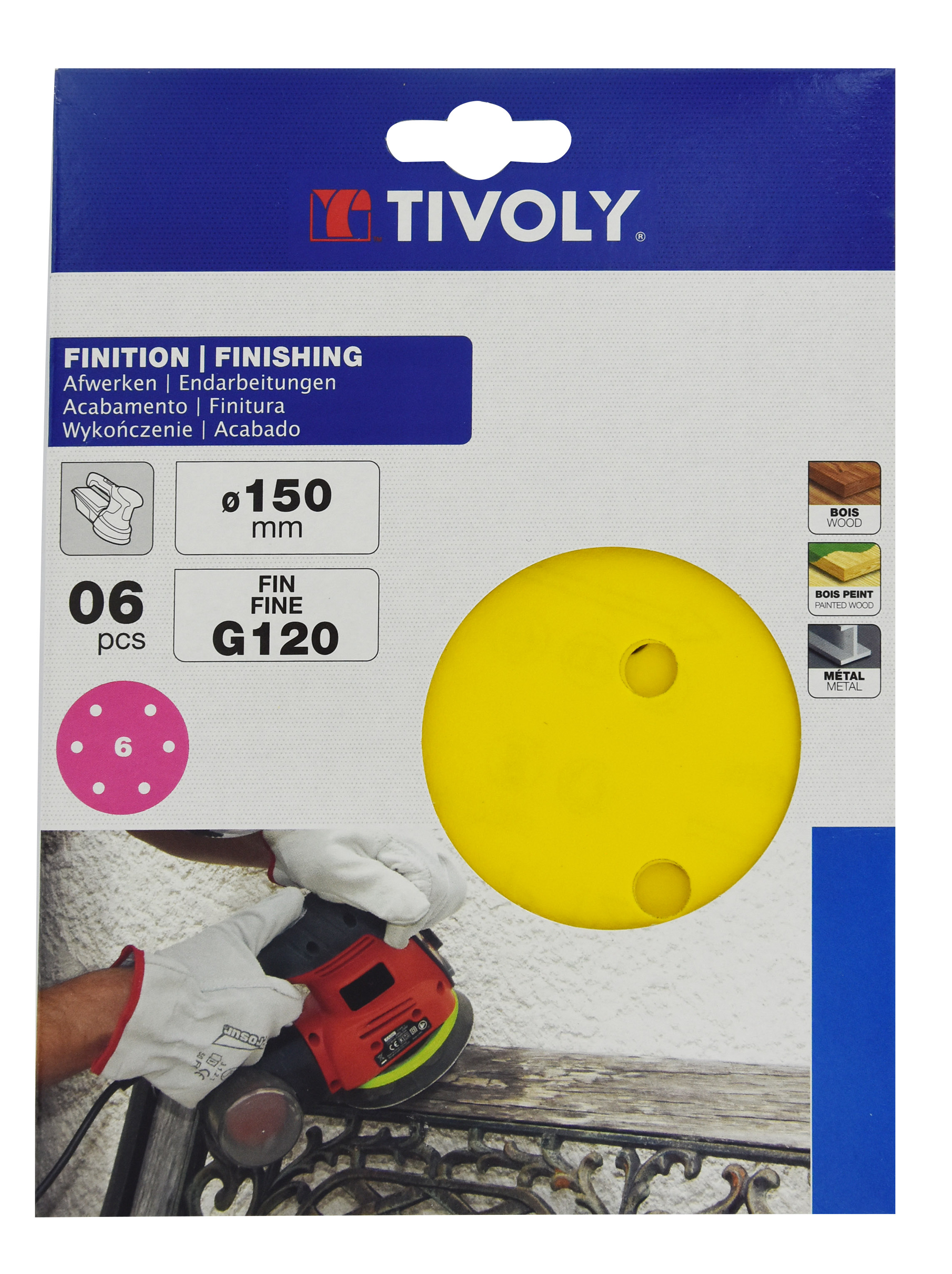 Disque AUTO-AGRIPPANT -Ø150mm -Perforation 6 trous -Pour ponceuse excentrique / Dim Ø150 / Gr : 120 TIVOLY - XT10112011222