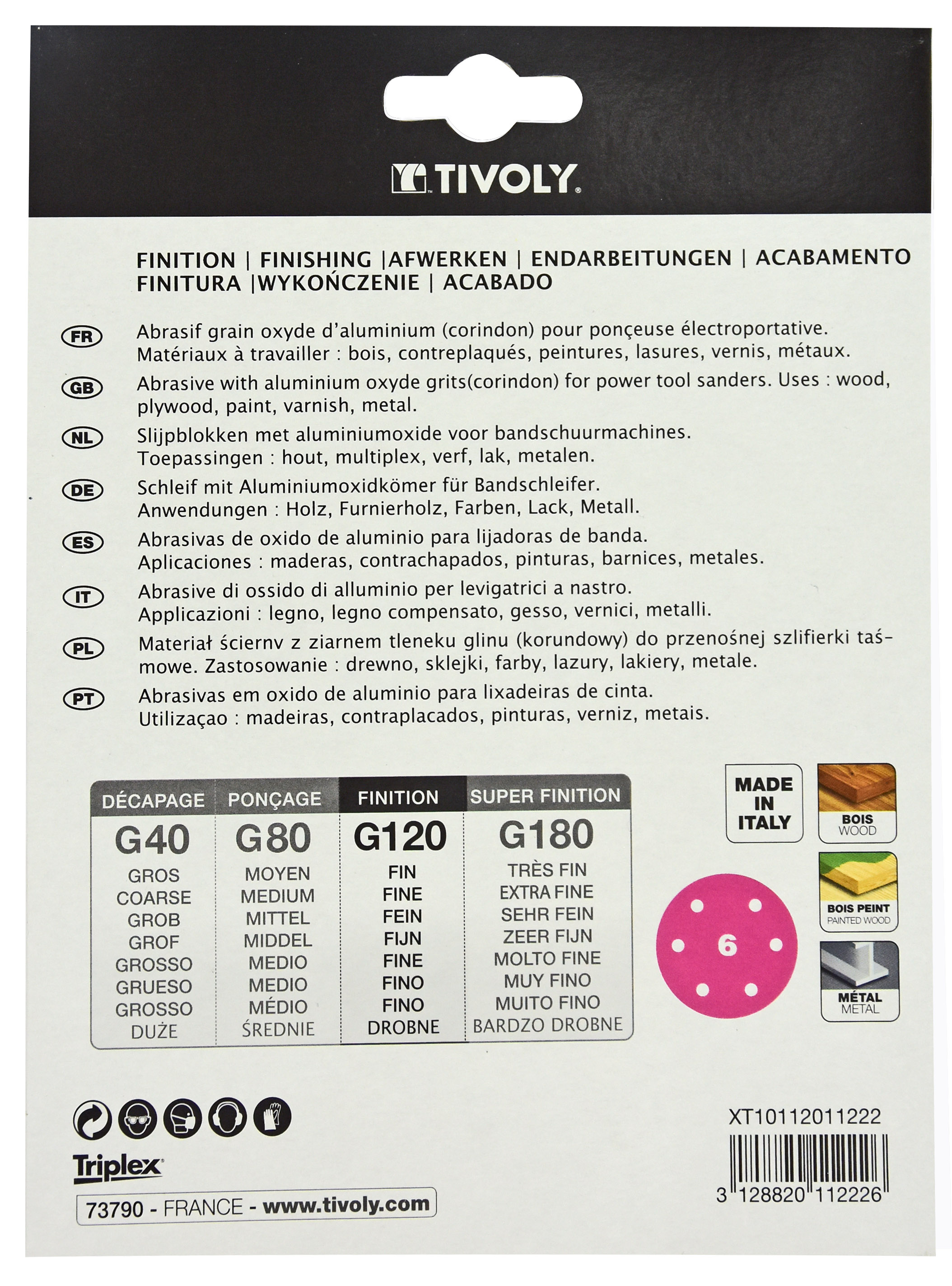 Disque AUTO-AGRIPPANT -Ø150mm -Perforation 6 trous -Pour ponceuse excentrique / Dim Ø150 / Gr : 120 TIVOLY - XT10112011222