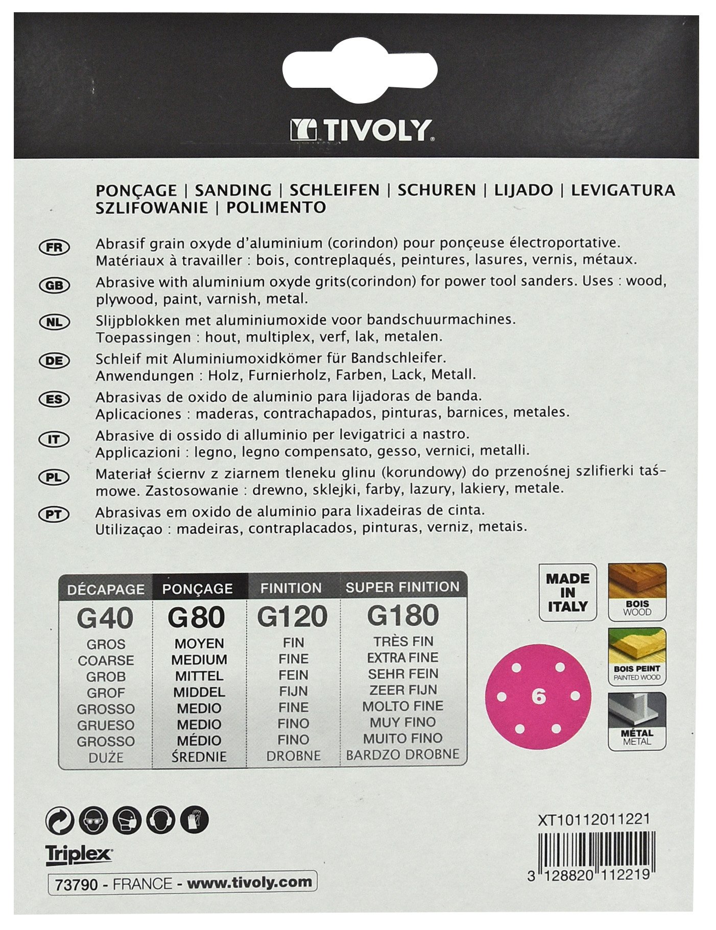 Disque AUTO-AGRIPPANT -Ø150mm -Perforation 6 trous -Pour ponceuse excentrique / Dim Ø150 / Gr : 180 TIVOLY - XT10112011223