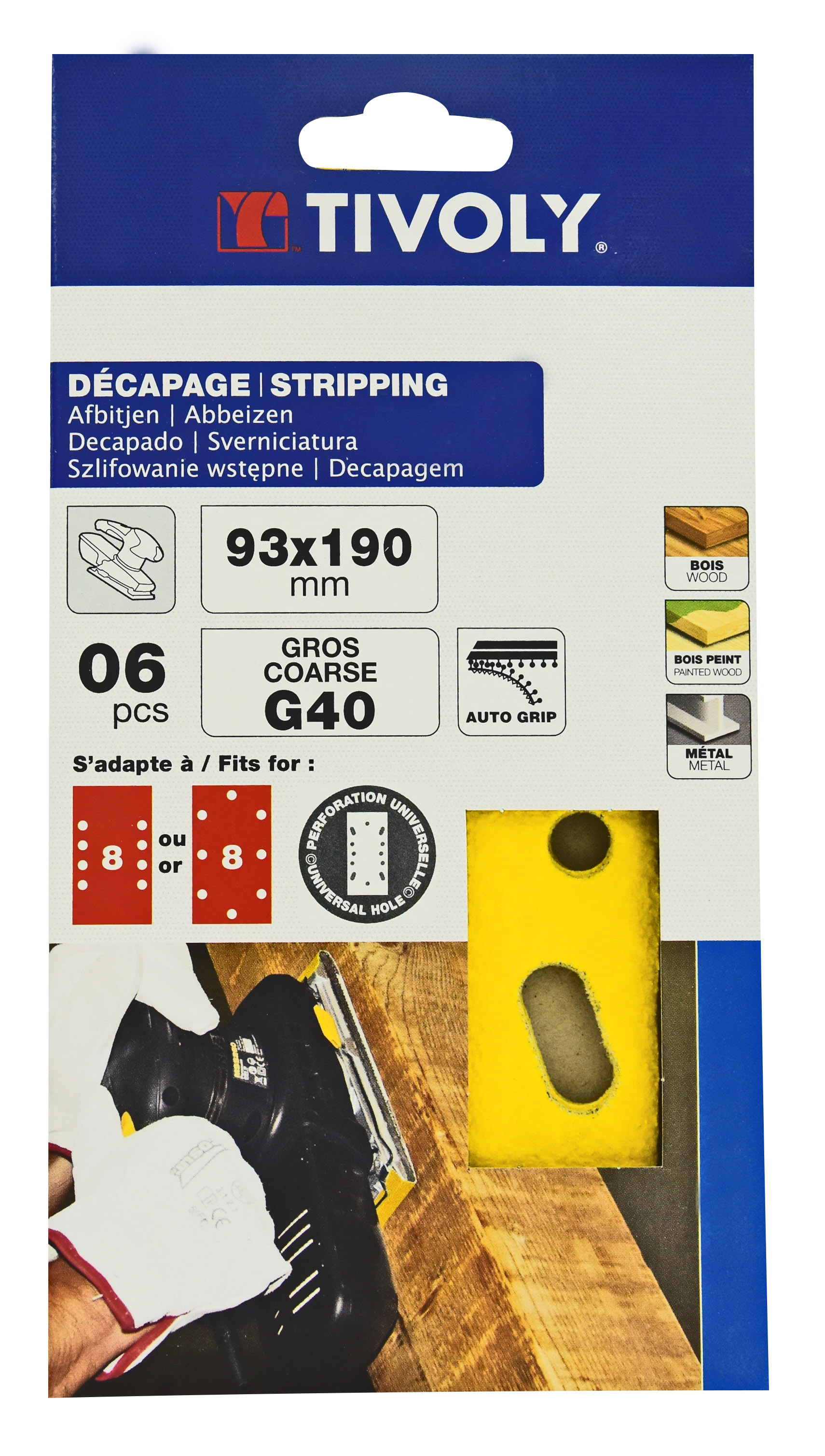 Patin AUTO-AGRIPPANT -93x190mm -Pour ponceuse vibrante / Dim 93x190 / Gr : 40 TIVOLY - XT10122012005