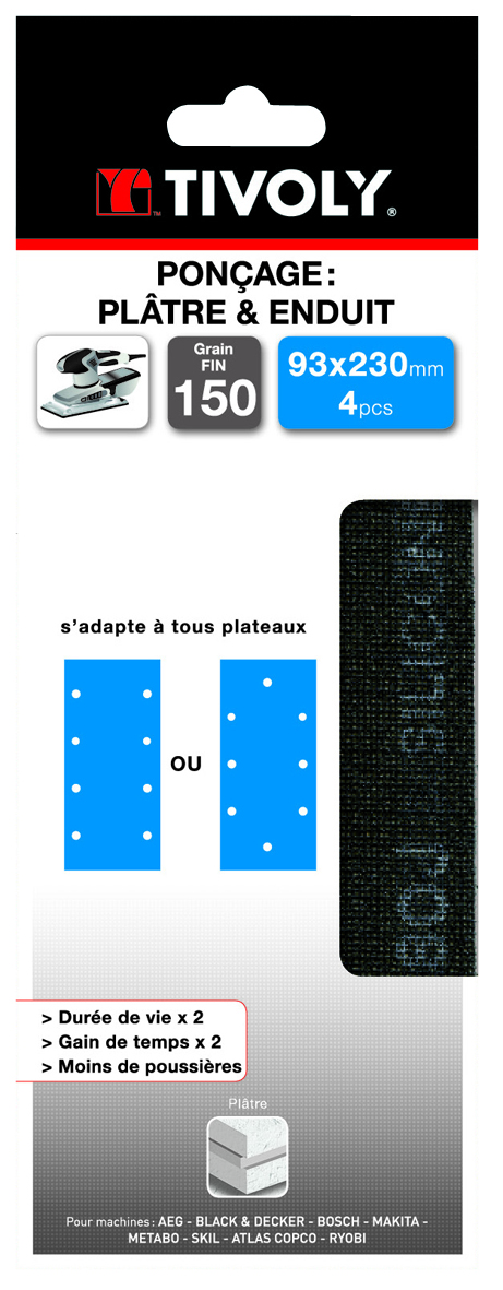 Patin MAILLE SPÉCIAL PLATRE -93x230mm -Pour ponceuse vibrante / Dim 93x230 / Gr : 150 TIVOLY - XT10122019085