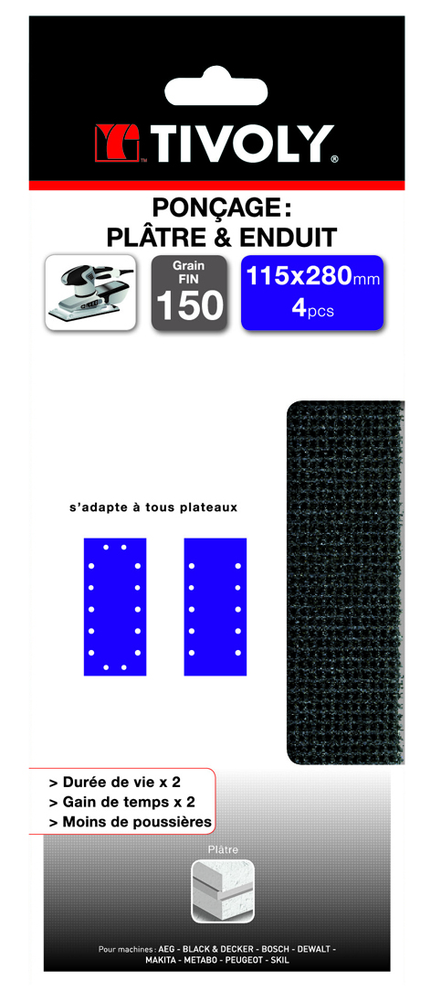 Patin MAILLE SPÉCIAL PLATRE -115x280mm -Pour ponceuse vibrante / Dim 115x280 / Gr : 40/80/120 TIVOLY - XT10122019106