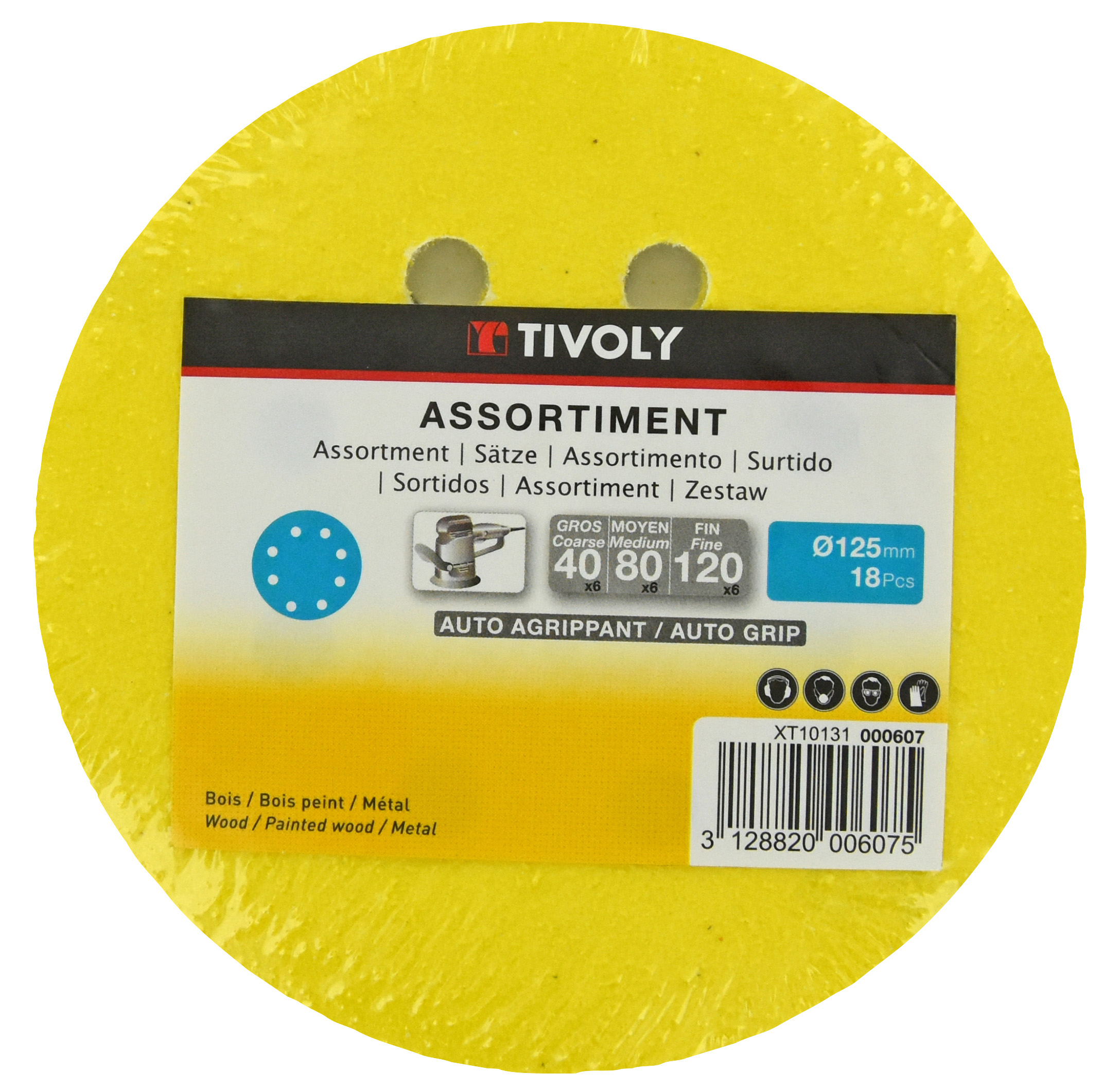 Disque-AUTO AGRIPPANT -Ø125mm -Perforation 8 trous -Pour ponceuse excentrique / Dim Ø125 / Gr : 40/80/120 TIVOLY - XT10131000607