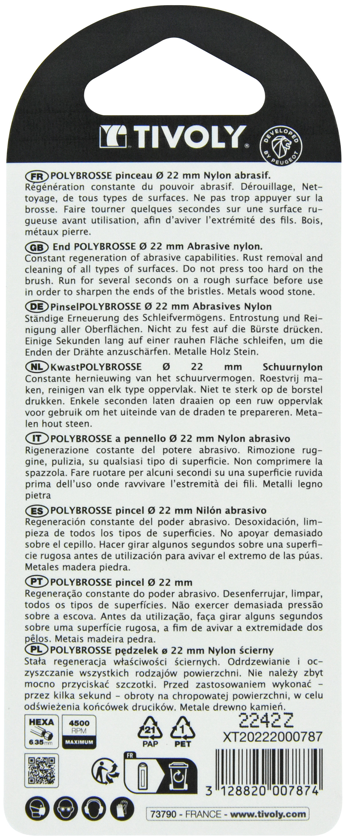 Brosse PINCEAU -Fil nylon bleu -Ponçage du bois (Blister) / Ø: 22 / TIVOLY - XT20222000787