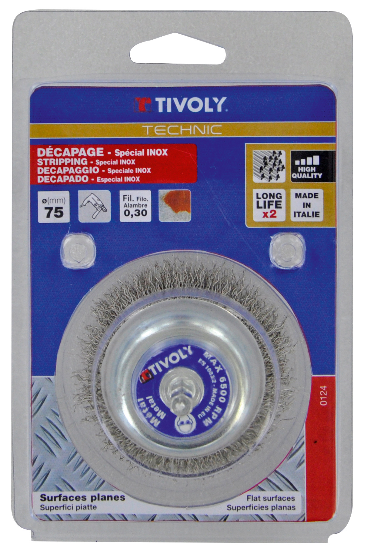 Brosse COUPE -Fil inox -Queue HEXA -Décapage de l'inox (Blister) / Ø: 75 / 0.3 TIVOLY - XT202520124