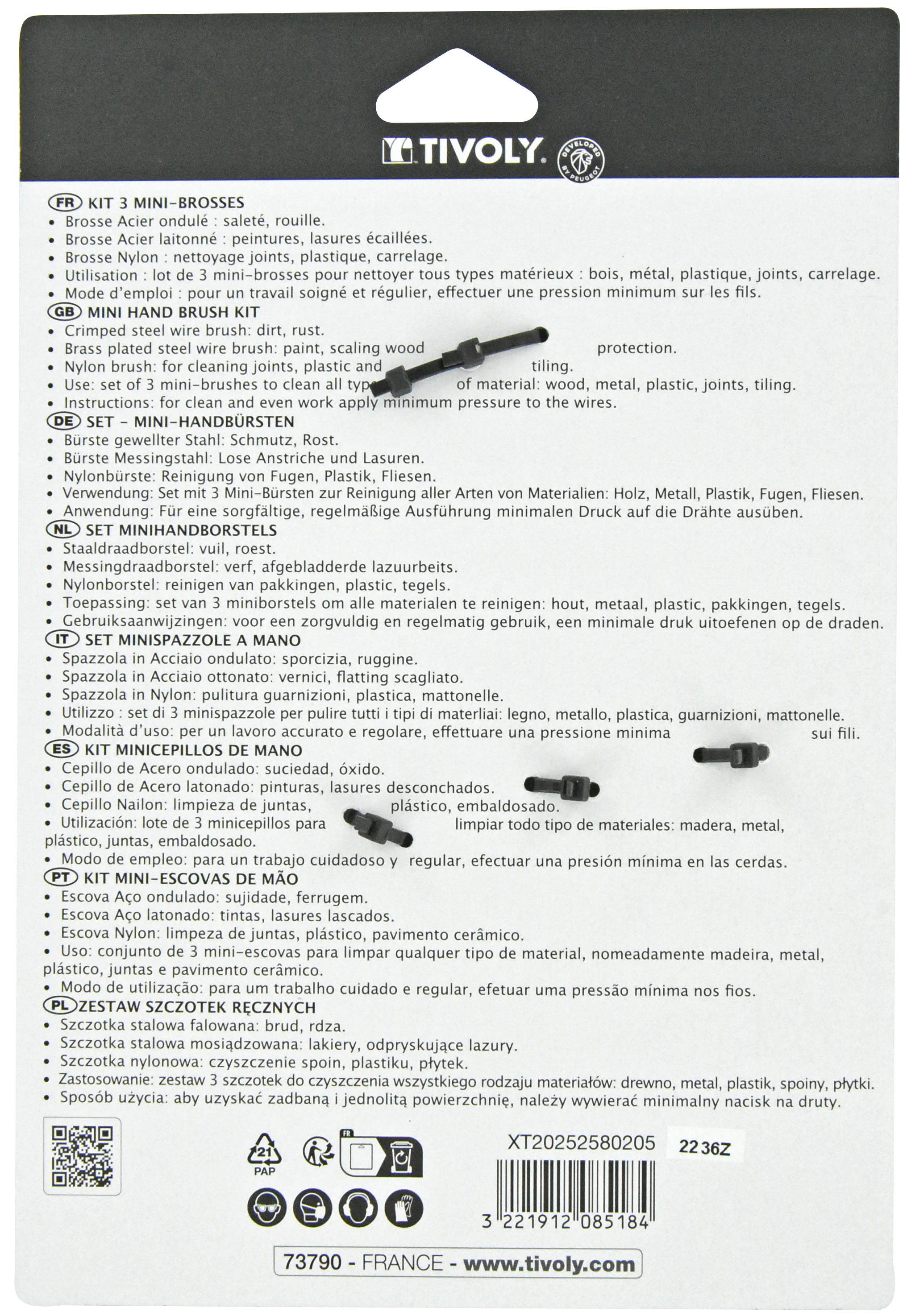 3 pièces : mini-brosses à main manche plastique TIVOLY - XT20252580205