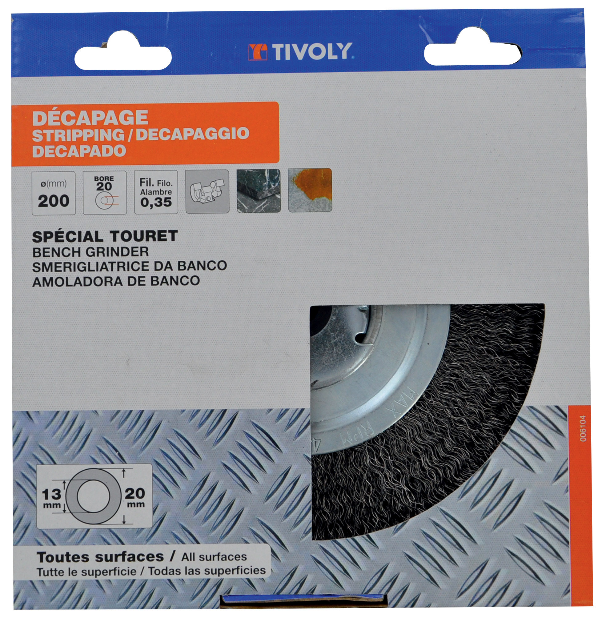 Brosse de TOURET -Fil acier ondulé -Décapage du métal / Ø: 200x15 / 0.35 TIVOLY - XT20254006104