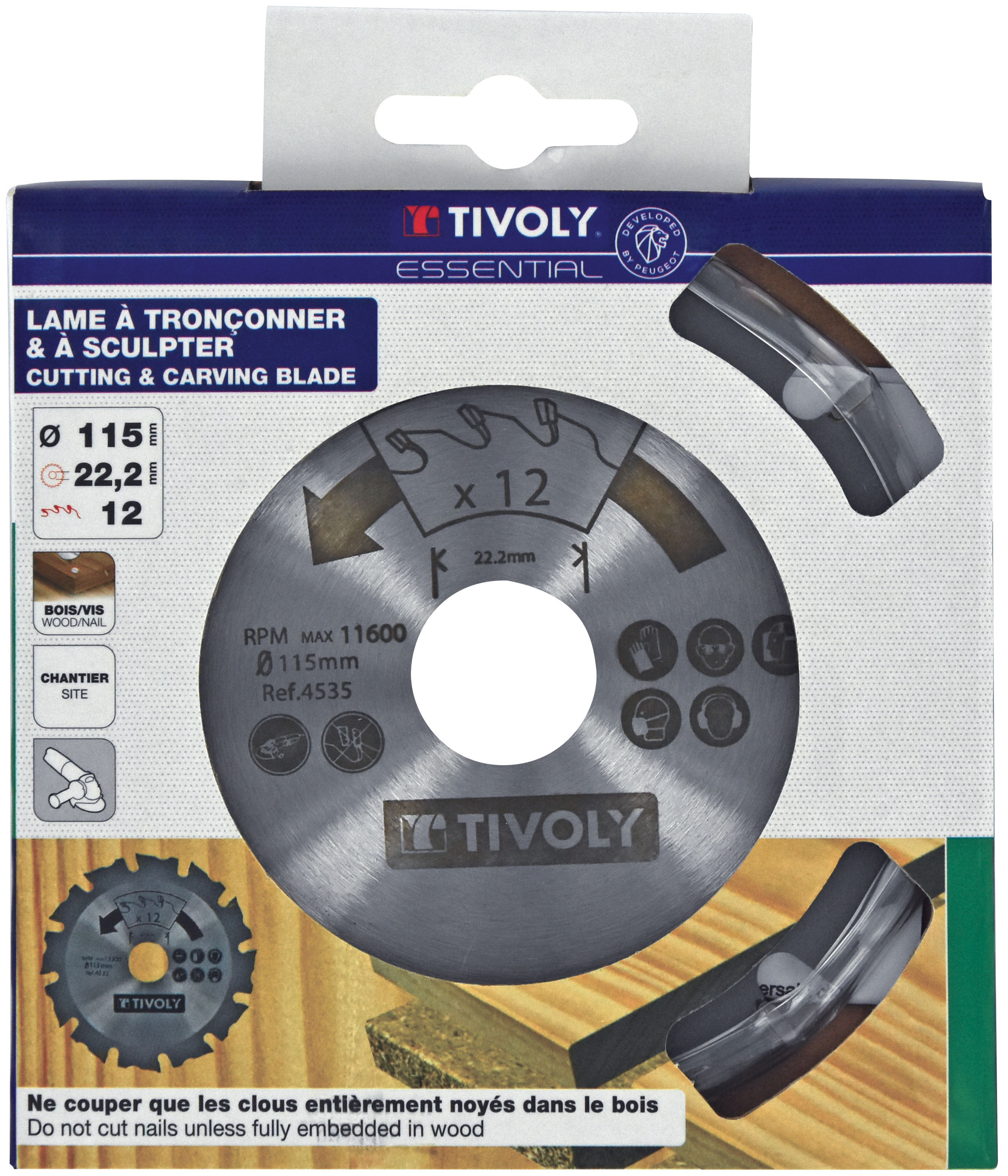 Disque à tronconner - Pour bois et bois avec clous enfoncés -Pour meuleuse Ø: 115 x Ø2: 22.2 x Z: 12 TIVOLY - XT50512004535