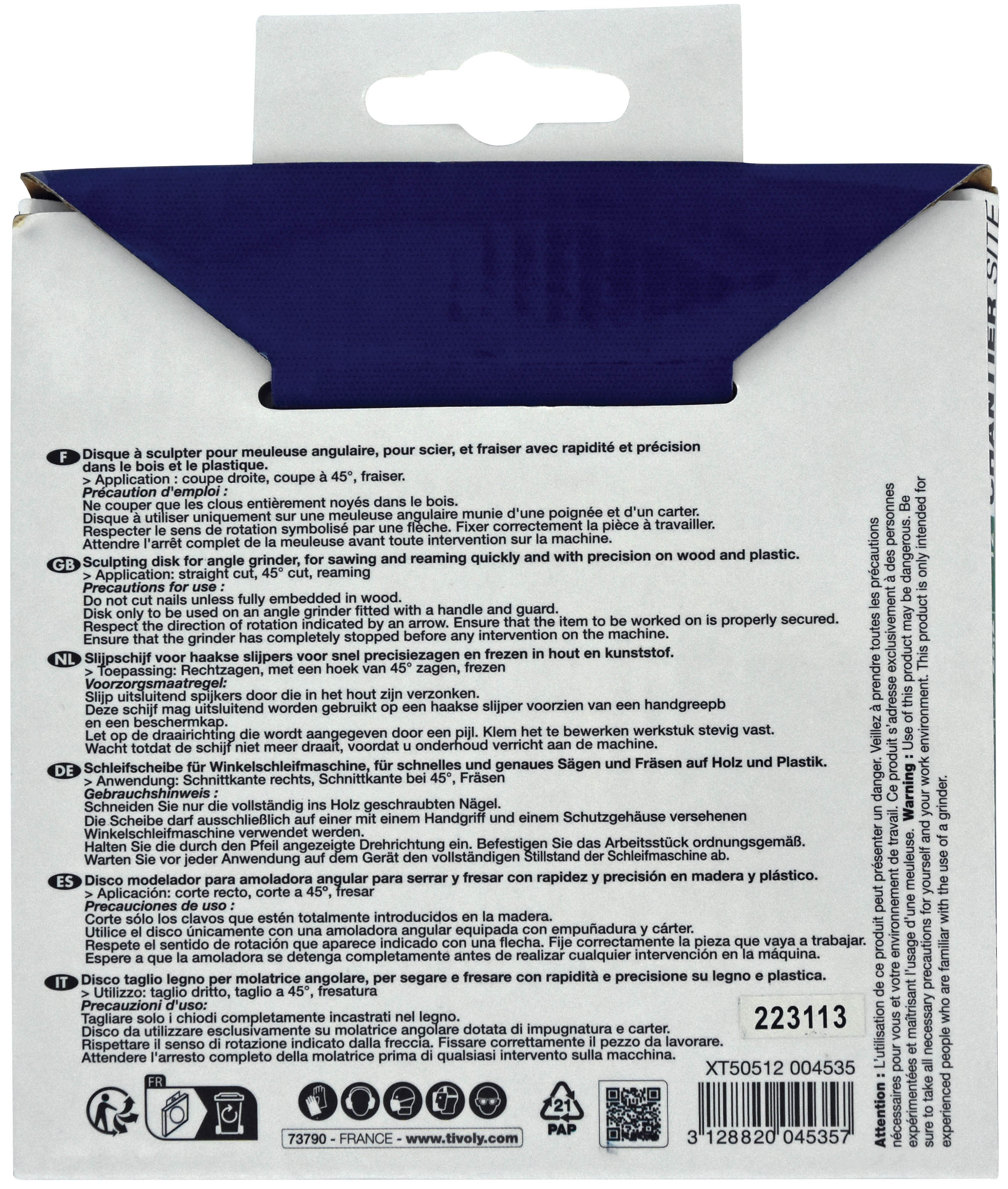 Disque à tronconner - Pour bois et bois avec clous enfoncés -Pour meuleuse Ø: 115 x Ø2: 22.2 x Z: 12 TIVOLY - XT50512004535