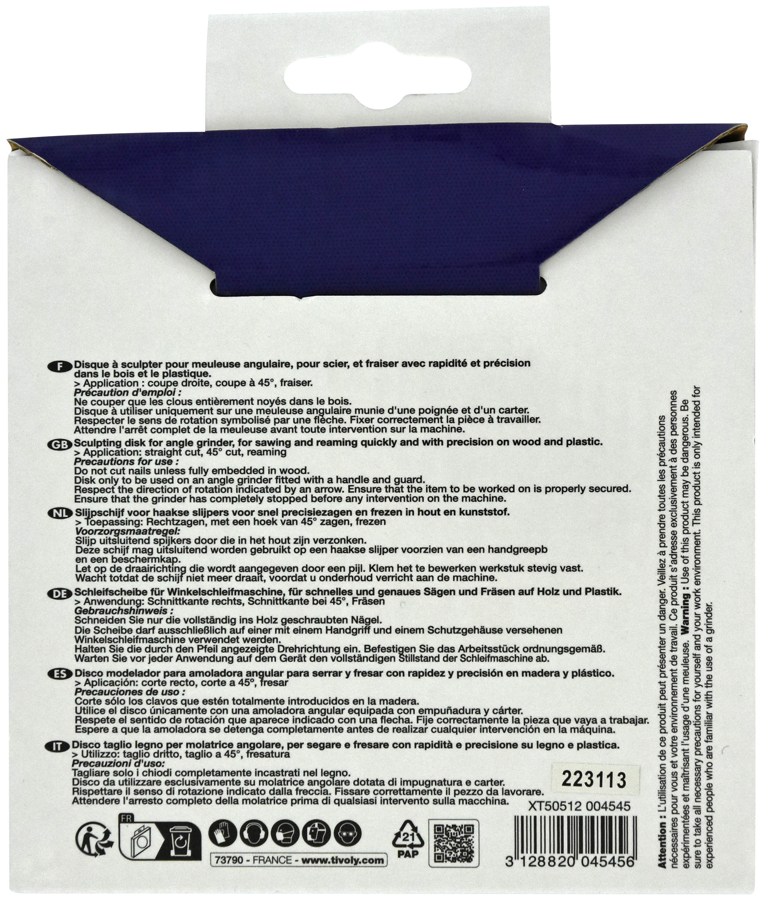 Disque à tronconner - Pour bois et bois avec clous enfoncés -Pour meuleuse Ø: 125 x Ø2: 22.2 x Z: 12 TIVOLY - XT50512004545