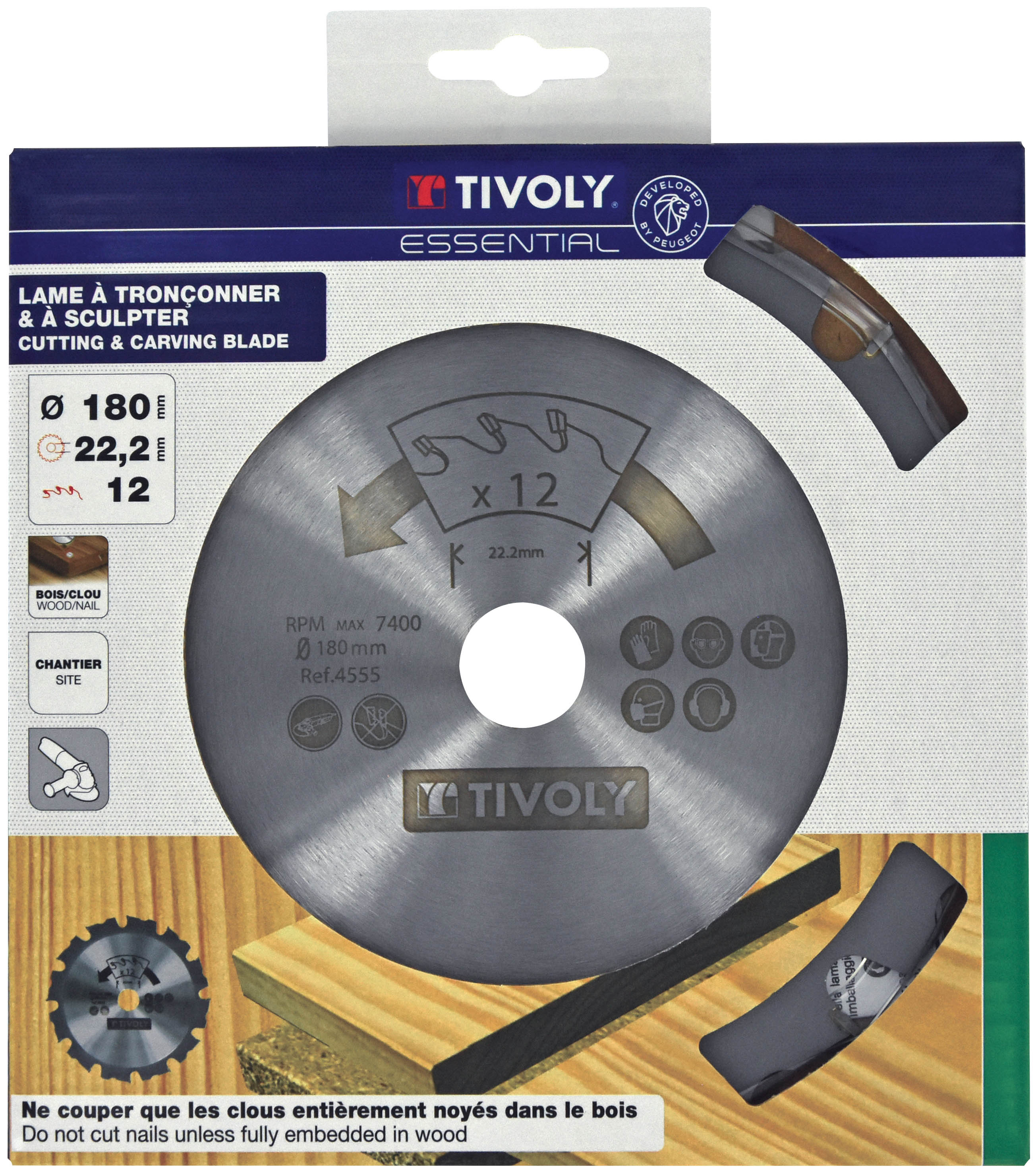 Disque à tronconner - Pour bois et bois avec clous enfoncés -Pour meuleuse Ø: 180 x Ø2: 22.2 x Z: 12 TIVOLY - XT50512004555