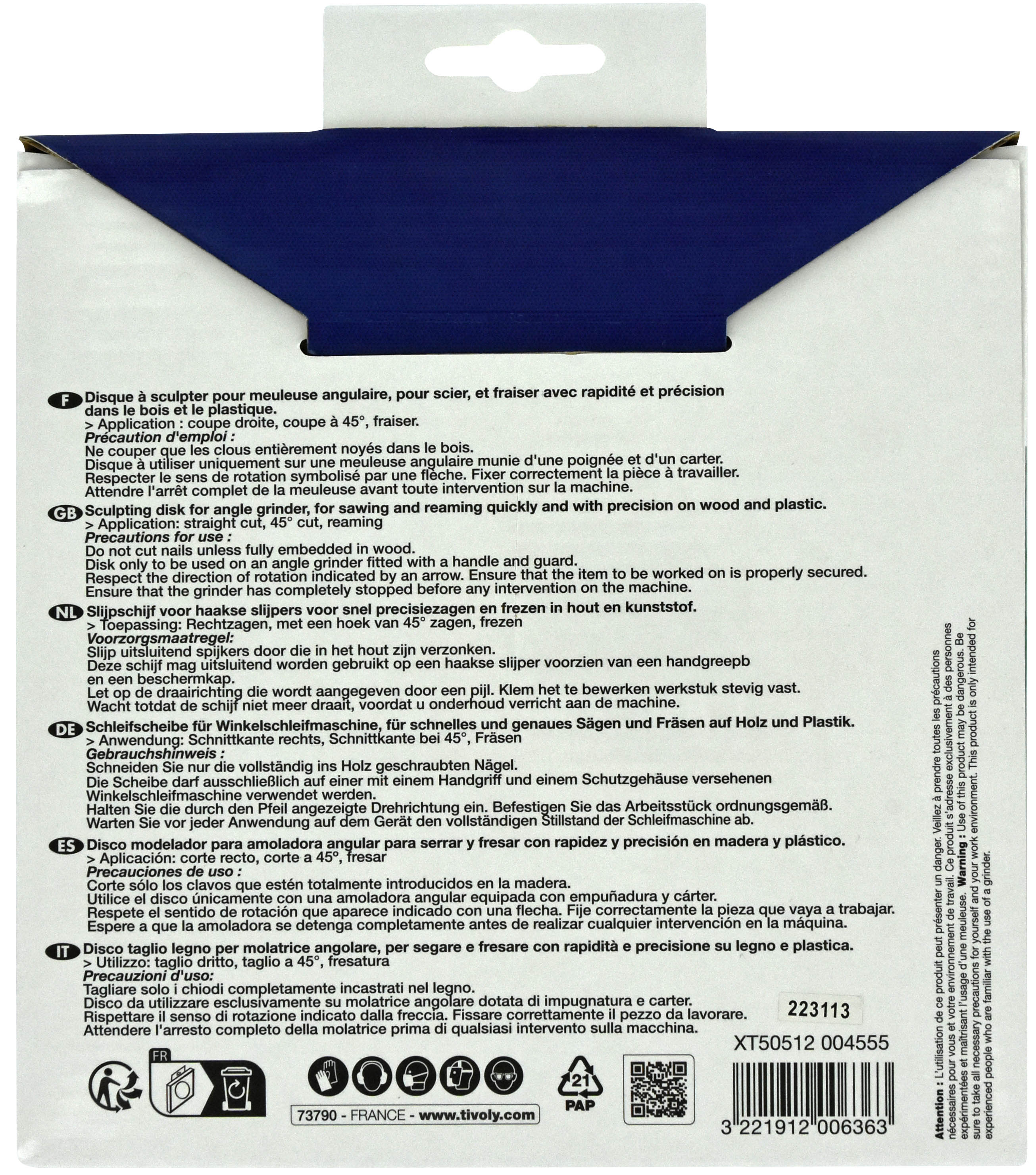 Disque à tronconner - Pour bois et bois avec clous enfoncés -Pour meuleuse Ø: 180 x Ø2: 22.2 x Z: 12 TIVOLY - XT50512004555