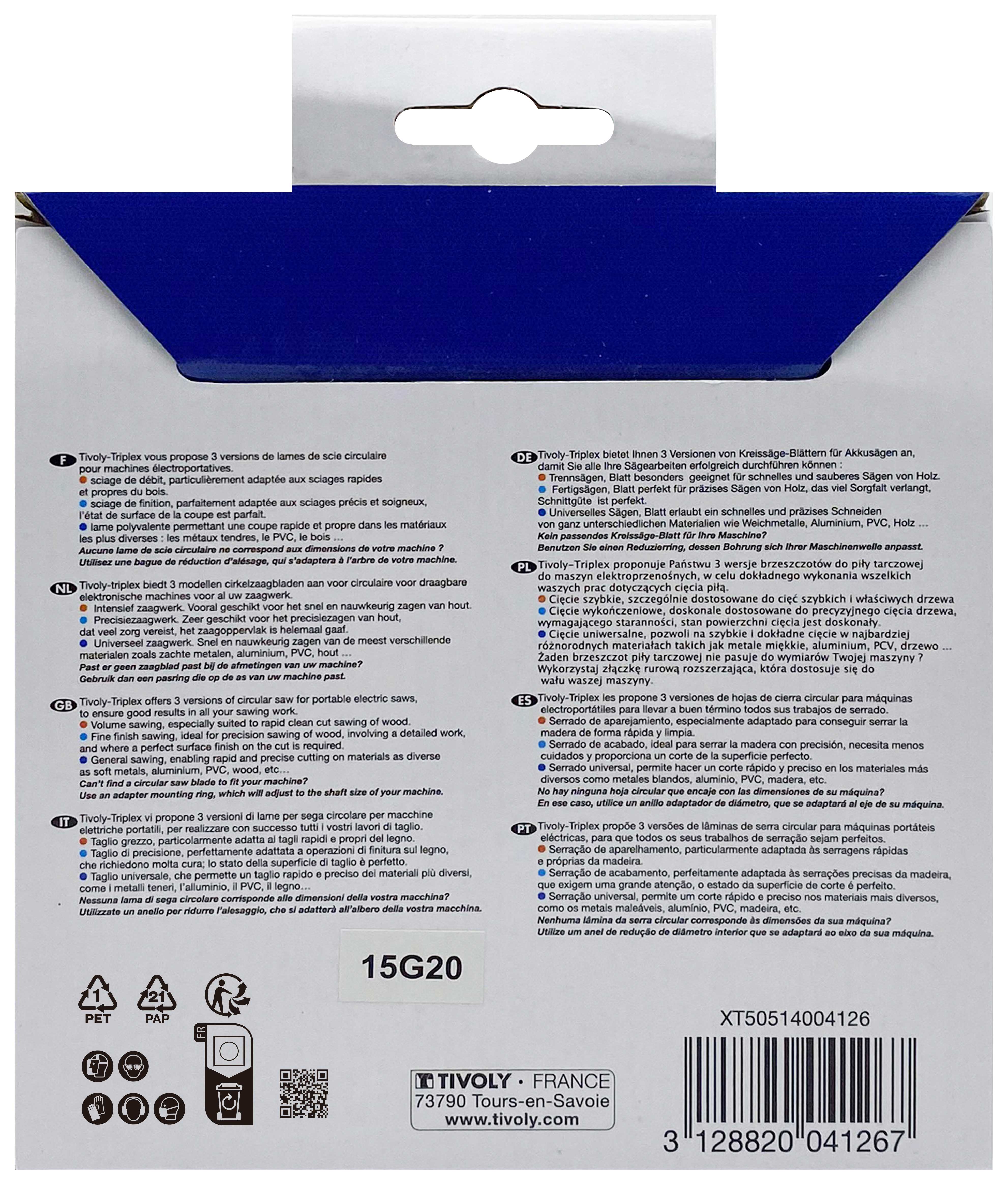 Lame de scie circulaire -Débit - Pour Bois et plâtre -Pour scie portative Ø: 130 x Ø2: 20 x Z: 20 TIVOLY - XT50514004126