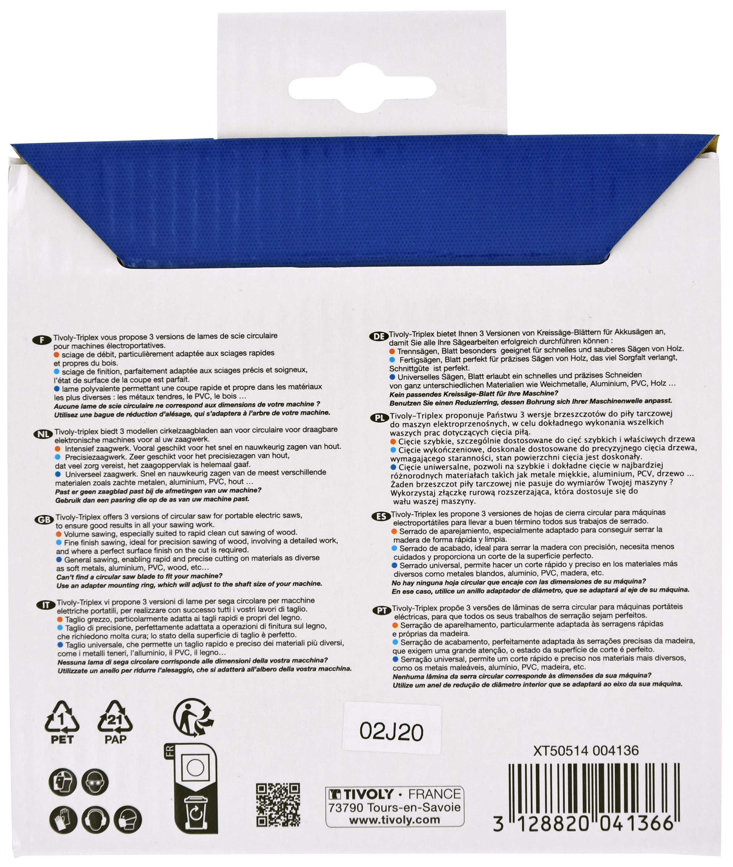 Lame de scie circulaire -Débit - Pour Bois et plâtre -Pour scie portative Ø: 140 x Ø2: 20 x Z: 20 TIVOLY - XT50514004136