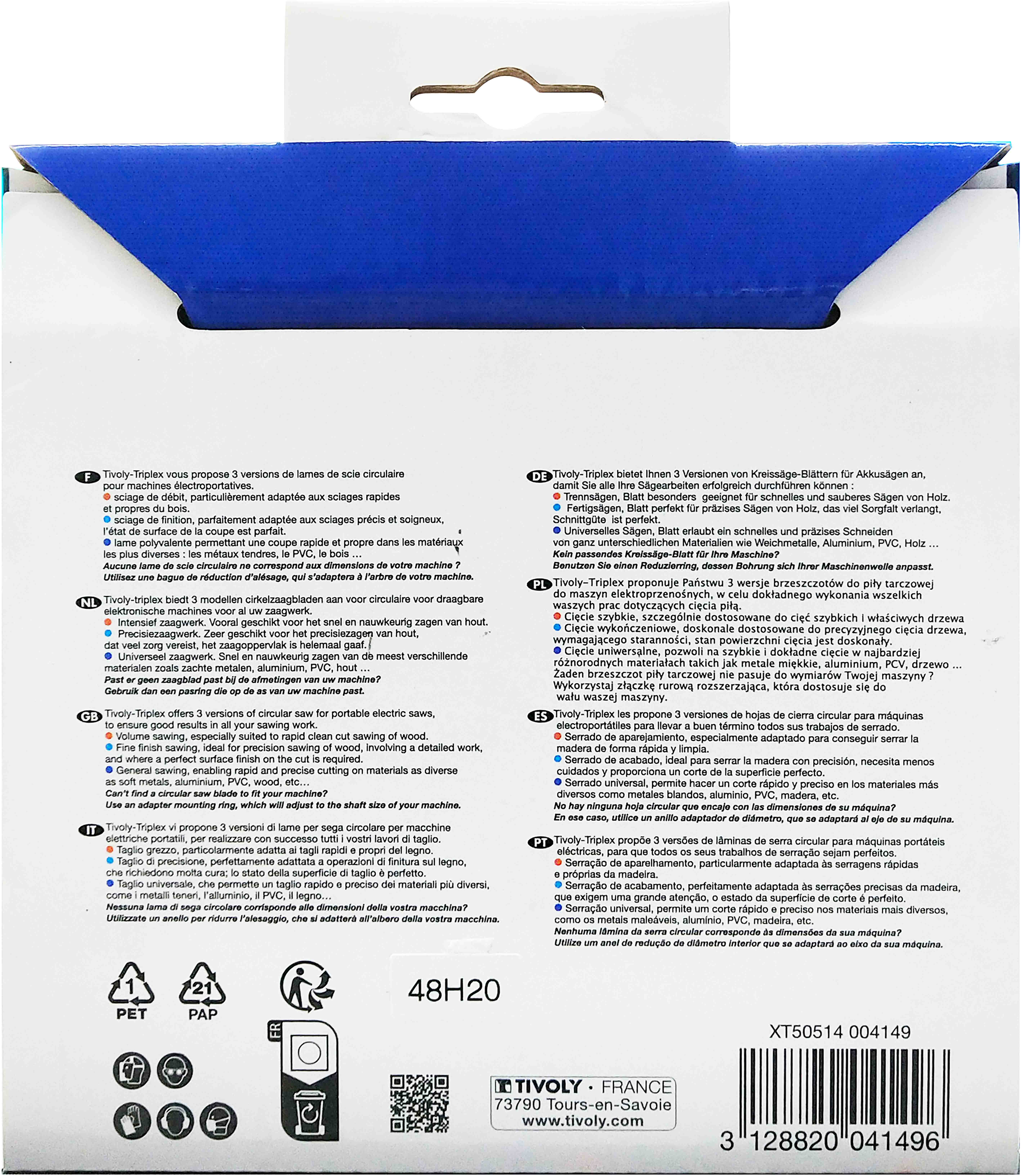 Lame de scie circulaire -Finition - Pour Bois dur, stratifié, parquet -Pour scie portative Ø: 150 x Ø2: 20 x Z: 30 TIVOLY - XT50514004149