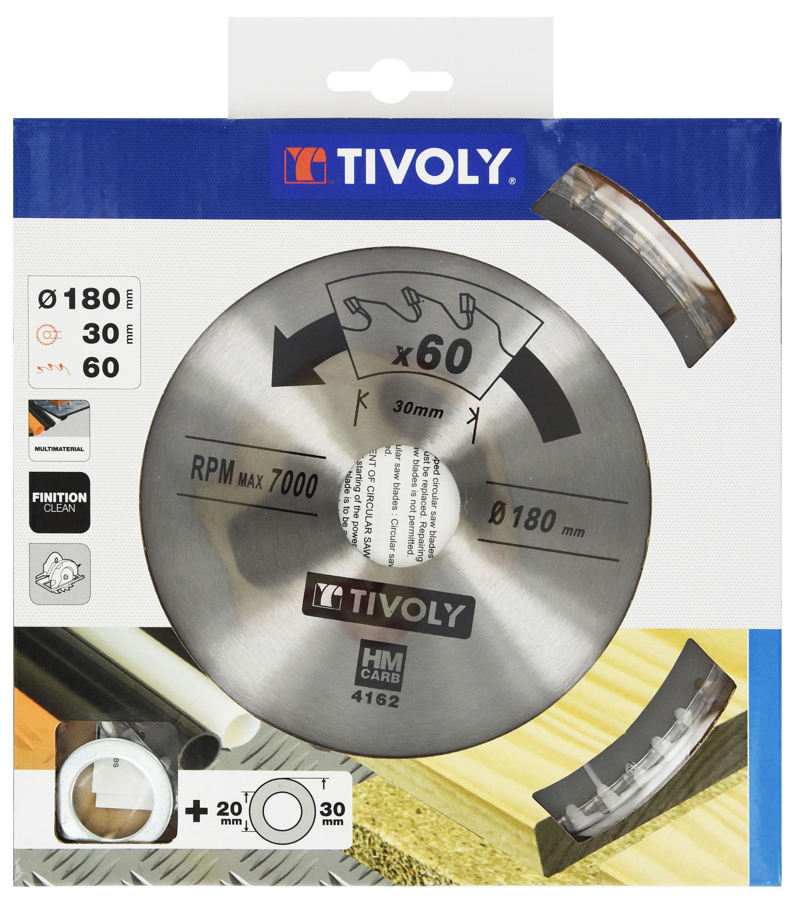 Lames de scie circulaire -Finition -Pour plastique, aluminium, bois durs -Pour scie portative Ø: 180 x Ø2: 30 x Z: 60 TIVOLY - XT50514004162