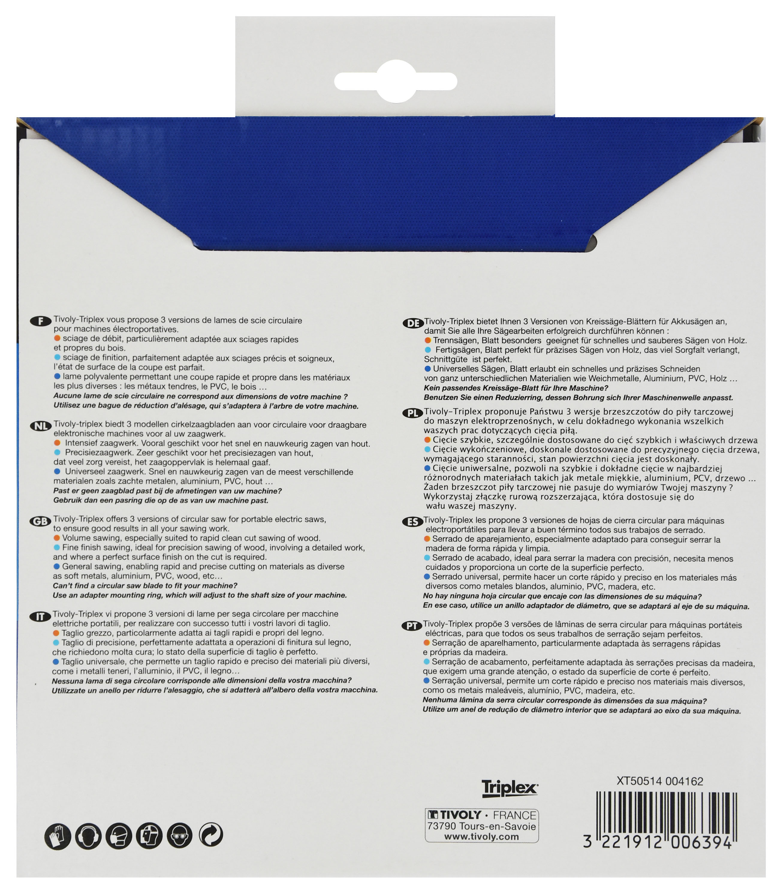 Lames de scie circulaire -Finition -Pour plastique, aluminium, bois durs -Pour scie portative Ø: 180 x Ø2: 30 x Z: 60 TIVOLY - XT50514004162