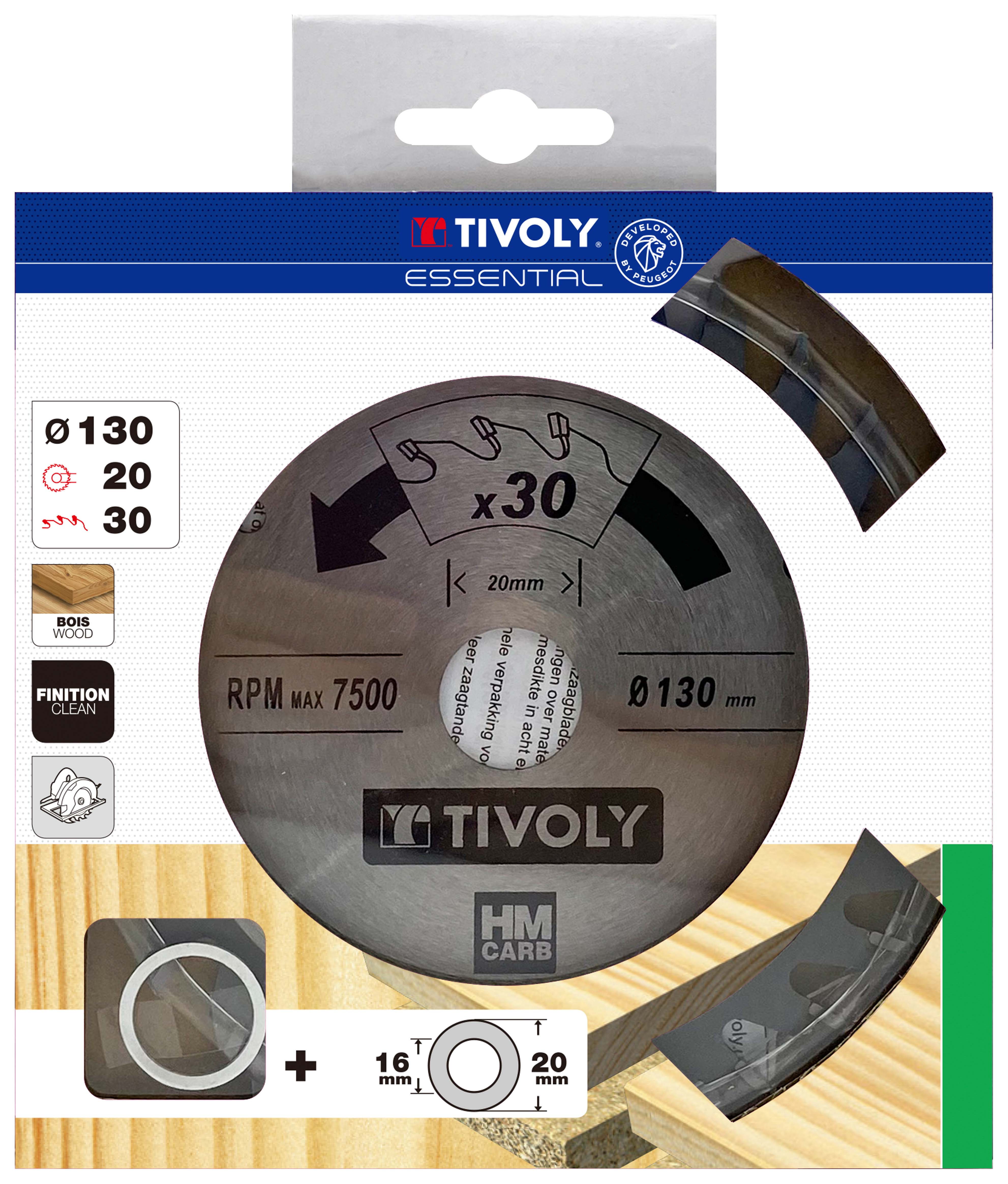 Lame de scie circulaire -Finition - Pour Bois dur, stratifié, parquet -Pour scie portative Ø: 130 x Ø2: 20 x Z: 30 TIVOLY - XT50514004164