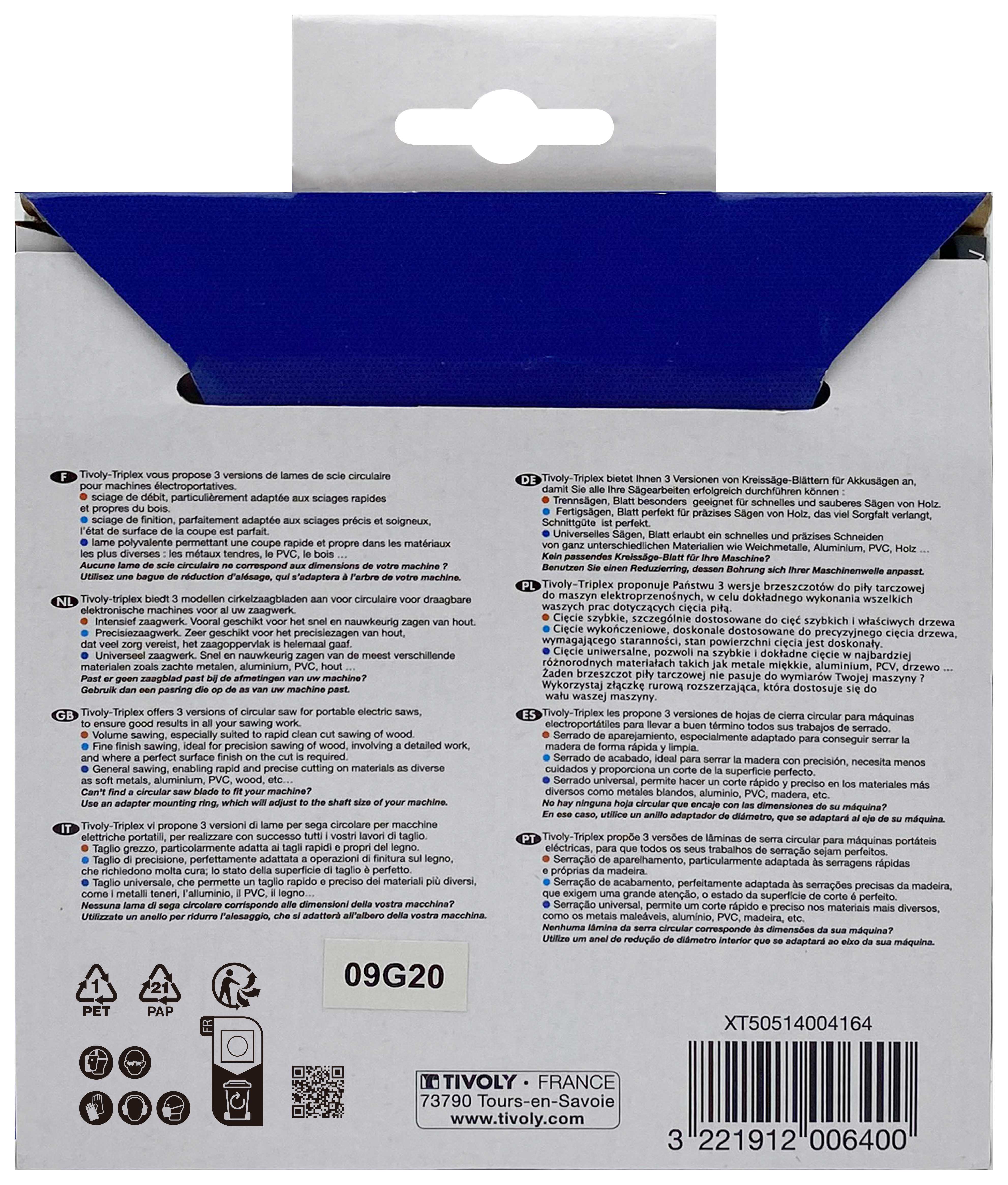 Lame de scie circulaire -Finition - Pour Bois dur, stratifié, parquet -Pour scie portative Ø: 130 x Ø2: 20 x Z: 30 TIVOLY - XT50514004164