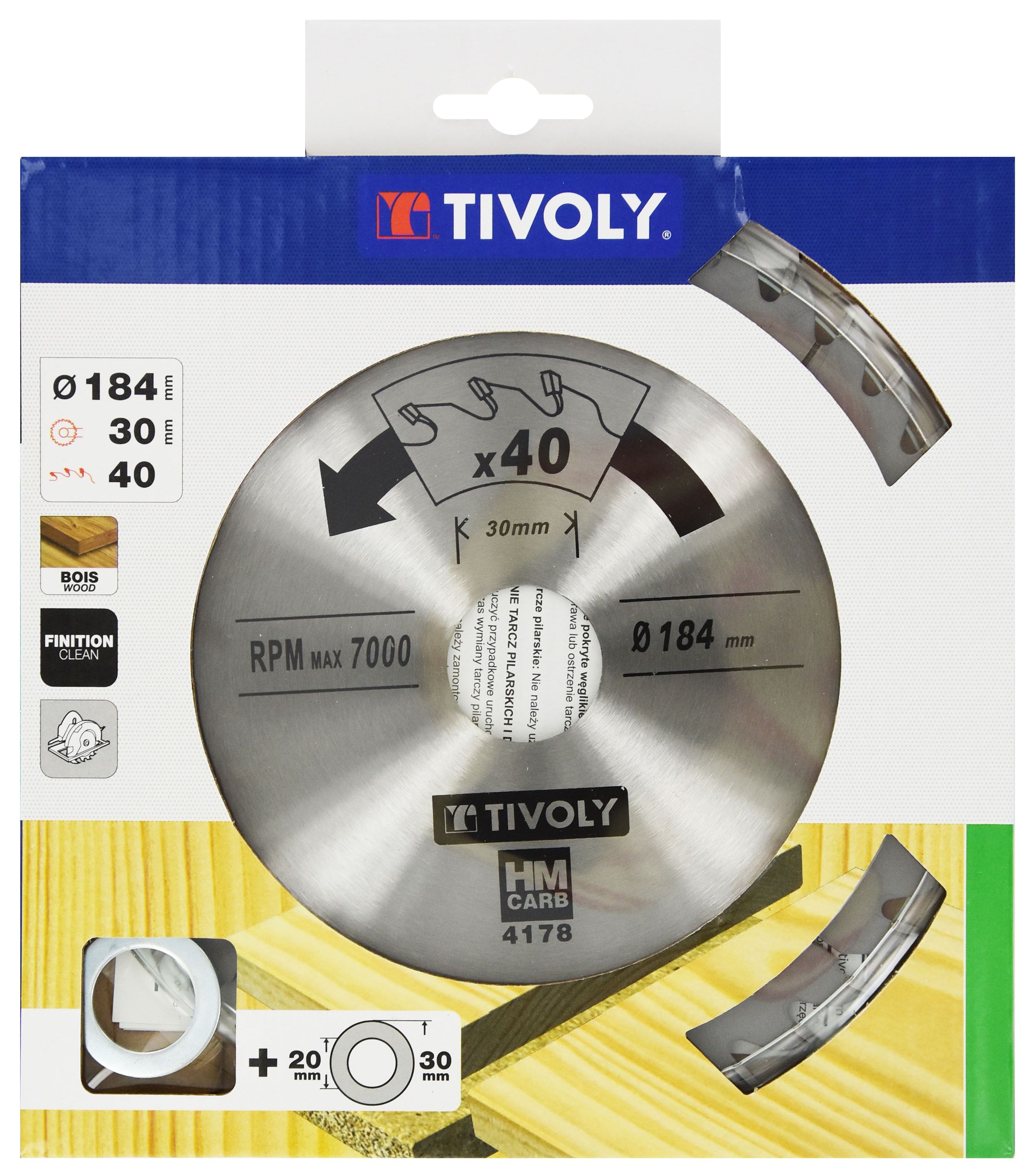 Lame de scie circulaire -Finition - Pour Bois dur, stratifié, parquet -Pour scie portative Ø: 184 x Ø2: 30 x Z: 40 TIVOLY - XT50514004178