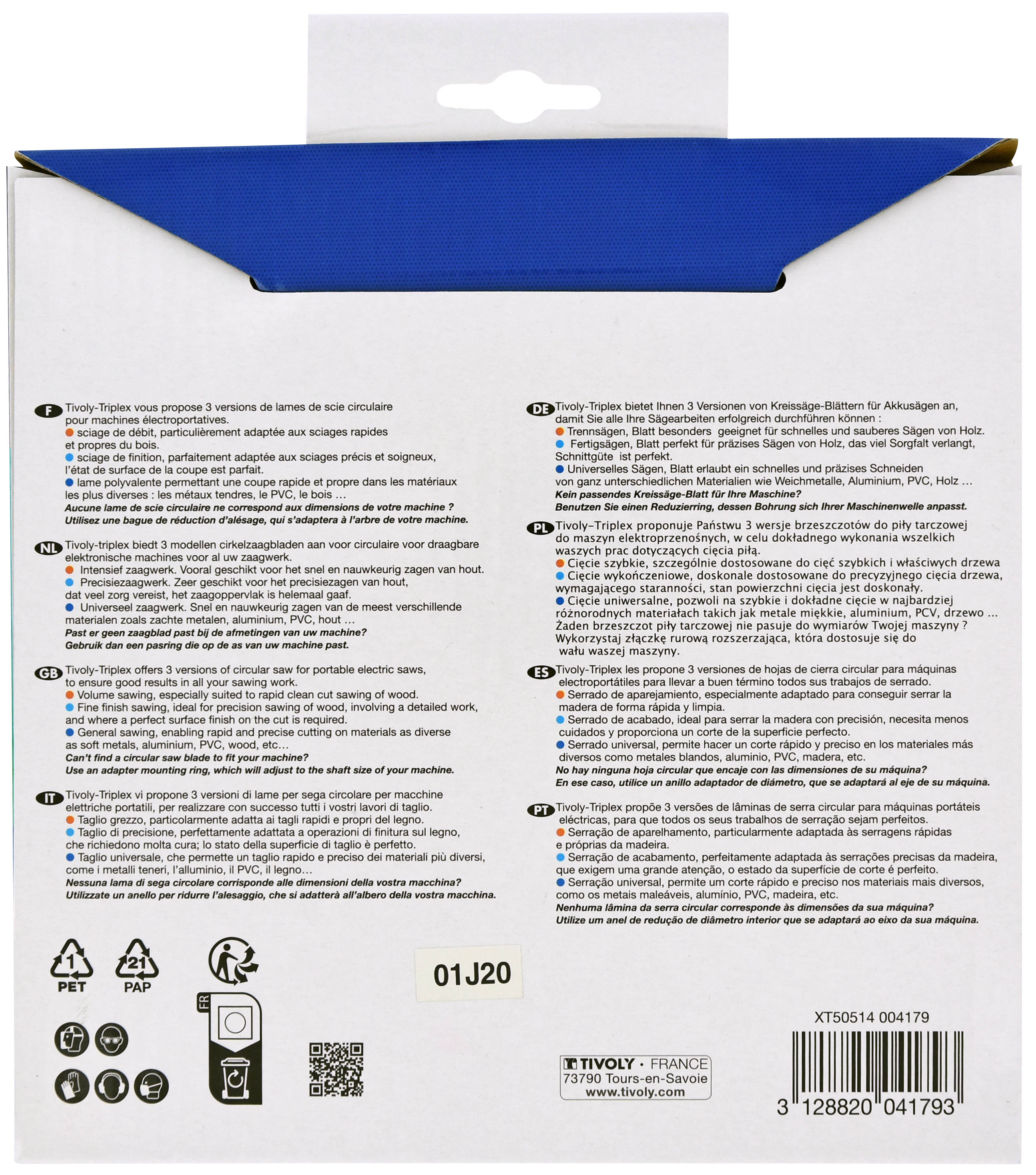 Lame de scie circulaire -Finition - Pour Bois dur, stratifié, parquet -Pour scie portative Ø: 184 x Ø2: 20 x Z: 40 TIVOLY - XT50514004179