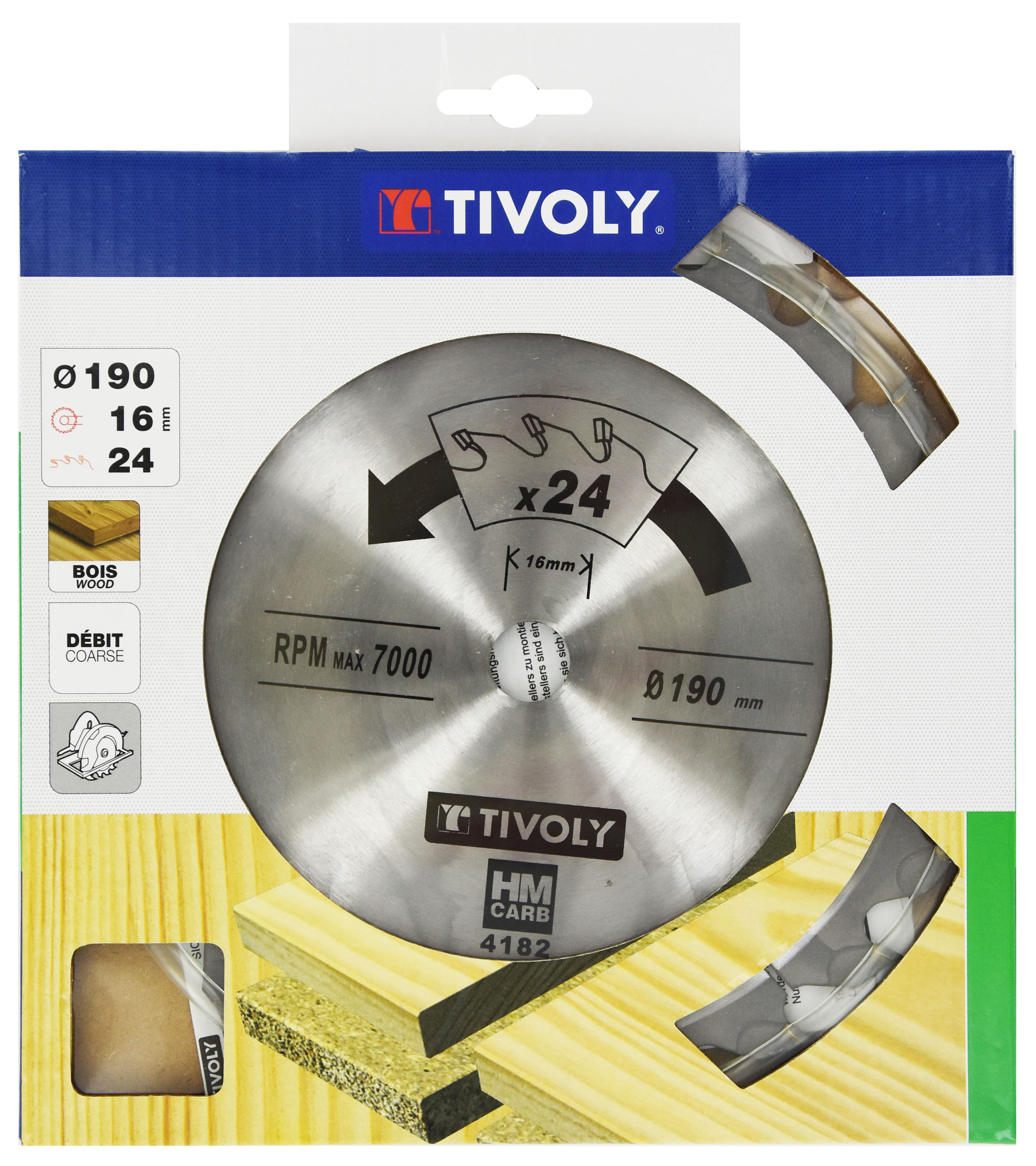 Lame de scie circulaire -Débit - Pour Bois et plâtre -Pour scie portative Ø: 190 x Ø2: 16 x Z: 24 TIVOLY - XT50514004182