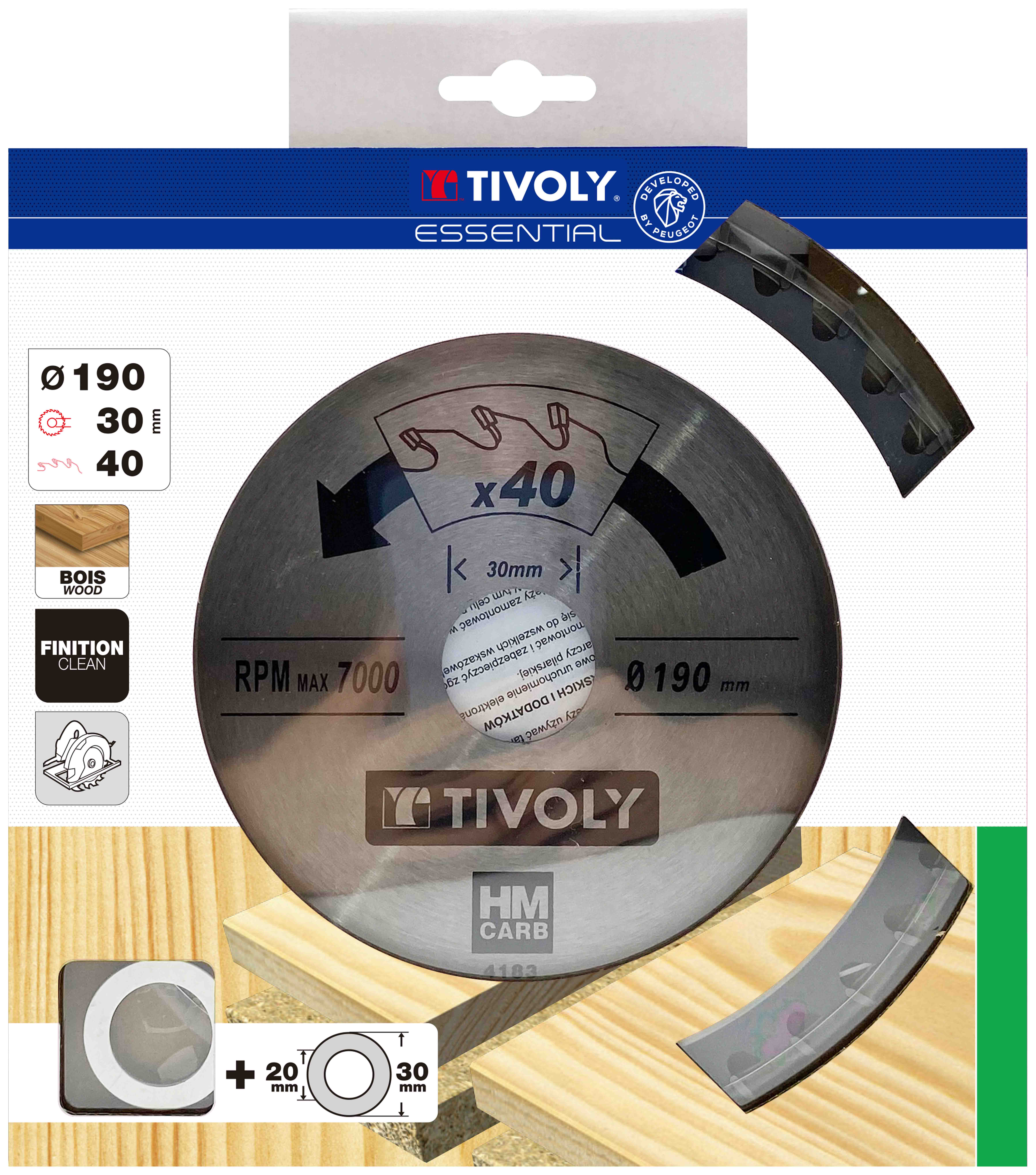 Lame de scie circulaire -Finition - Pour Bois dur, stratifié, parquet -Pour scie portative Ø: 190 x Ø2: 30 x Z: 40 TIVOLY - XT50514004183